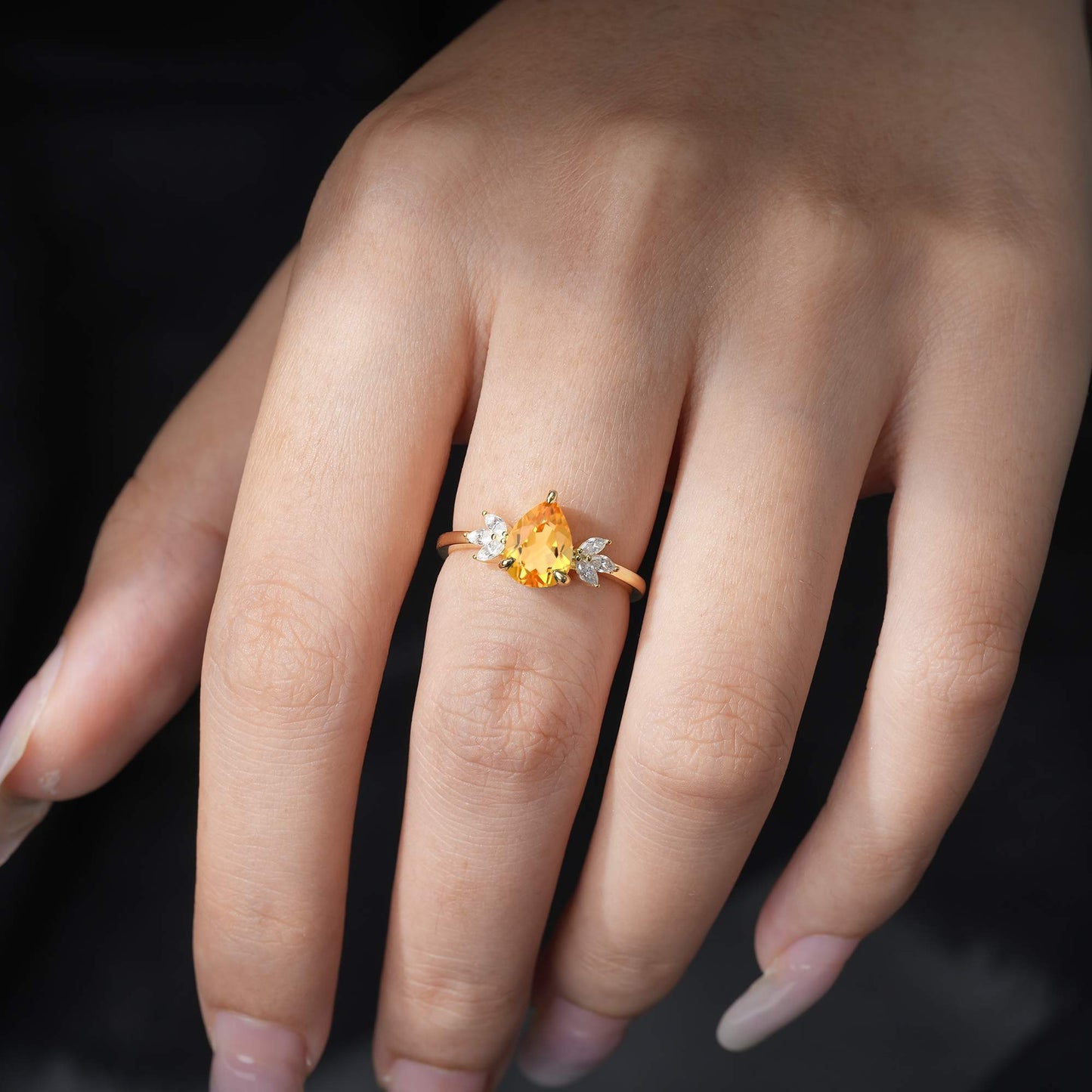 Pear Cut Citrine Leaf Accent Engagement Ring - Additional view