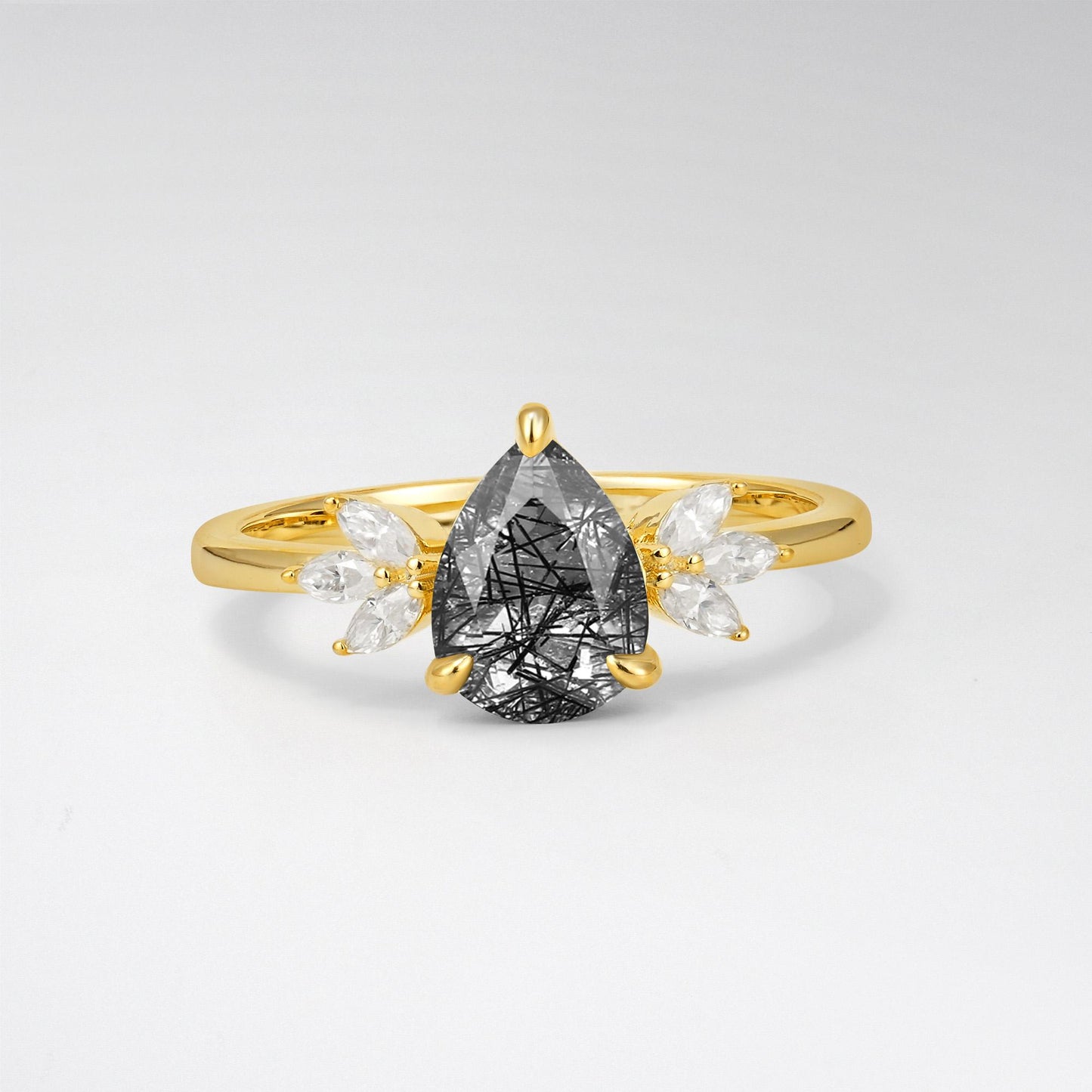 Pear Cut Black Rutilated Quartz Leaf Accent Engagement Ring - Additional view