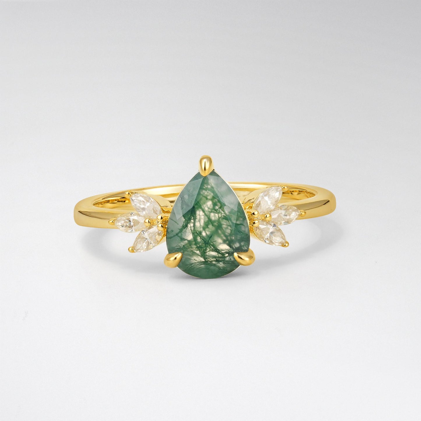 Pear Cut Moss Agate Leaf Accent Engagement Ring - Additional view