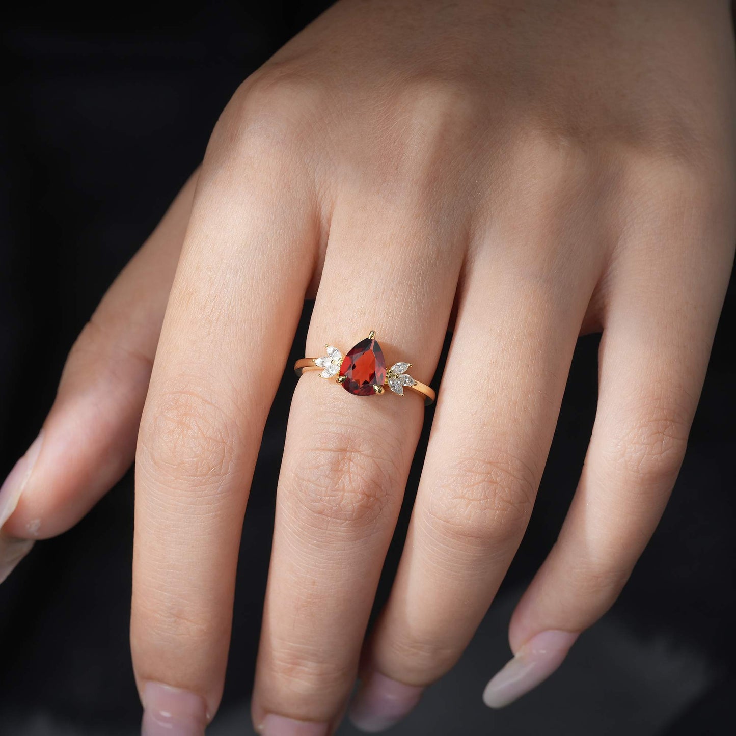 Pear Cut Garnet Leaf Accent Engagement Ring - Additional view