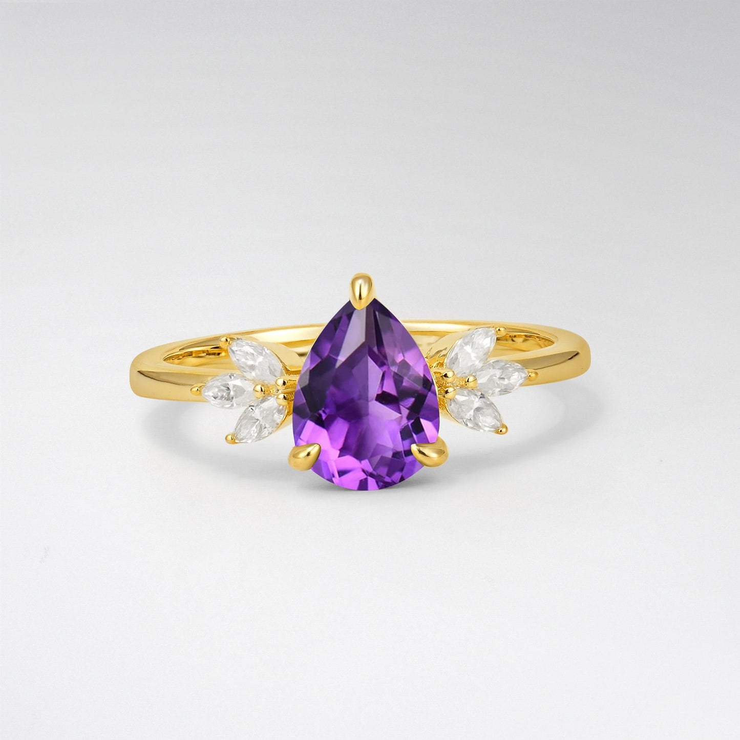 Pear Cut Amethyst Leaf Accent Engagement Ring - Additional view