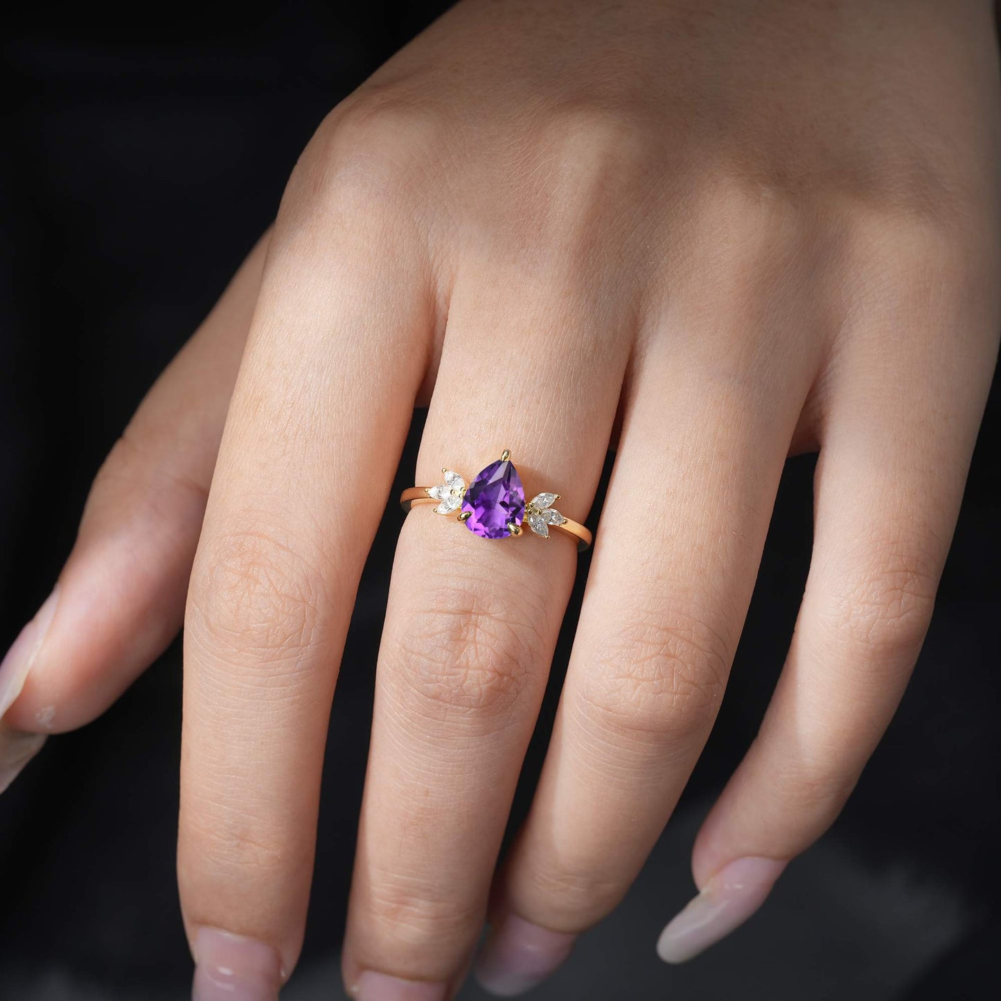 Pear Cut Amethyst Leaf Accent Engagement Ring - Additional view