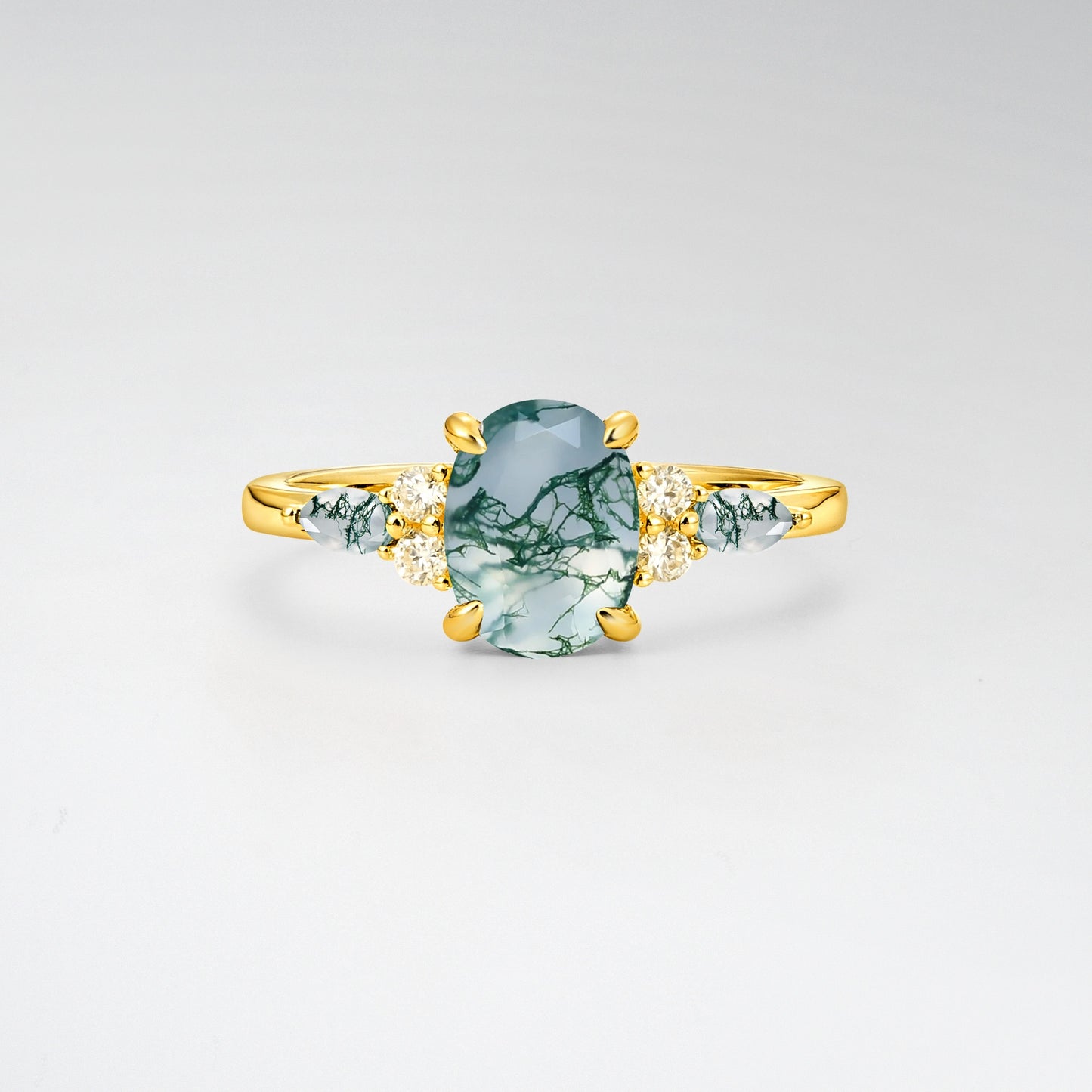Oval Cut Moss Agate Vintage Cluster Engagement Ring - Additional view