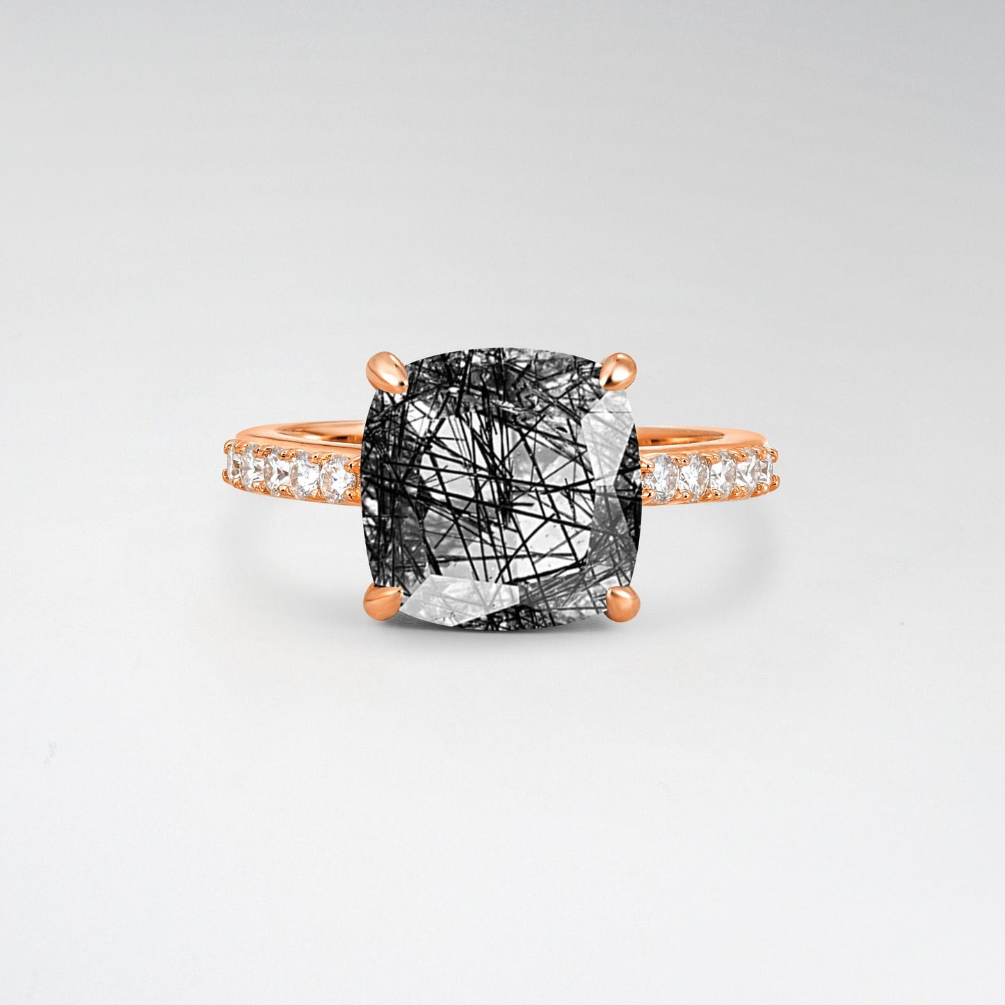 Elongated Cushion Cut Black Rutilated Quartz Pave Engagement Ring - Additional view