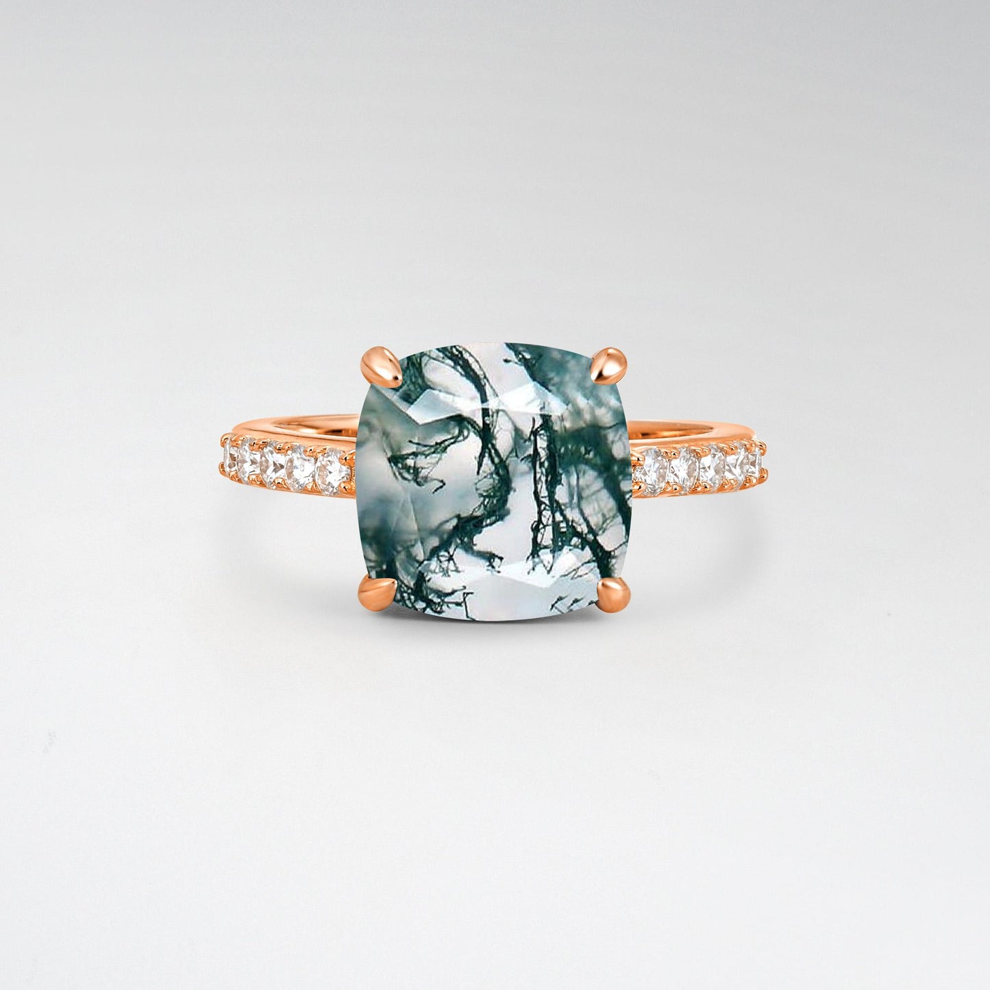 Elongated Cushion Cut Moss Agate Pave Engagement Ring - Additional view