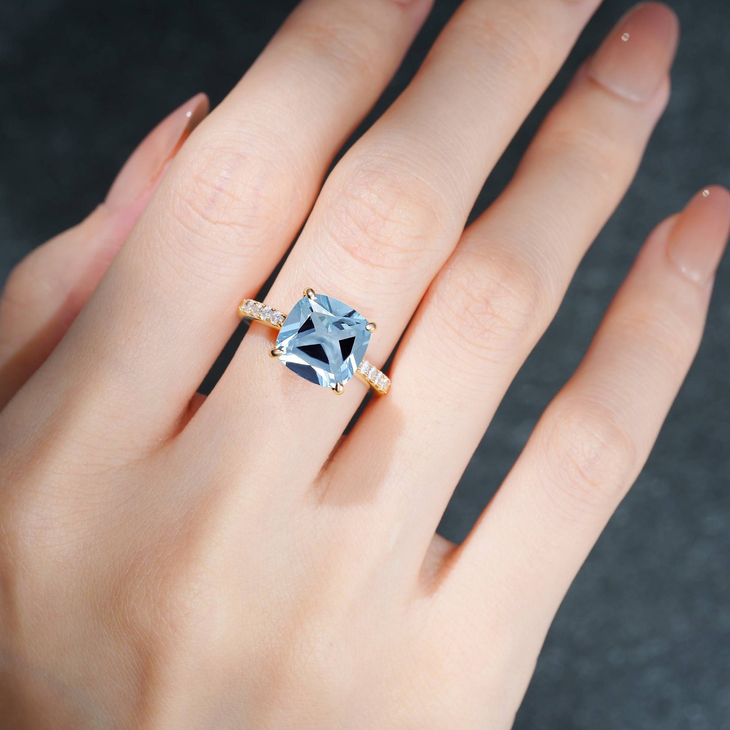 Elongated Cushion Cut Aquamarine Pave Engagement Ring - Additional view
