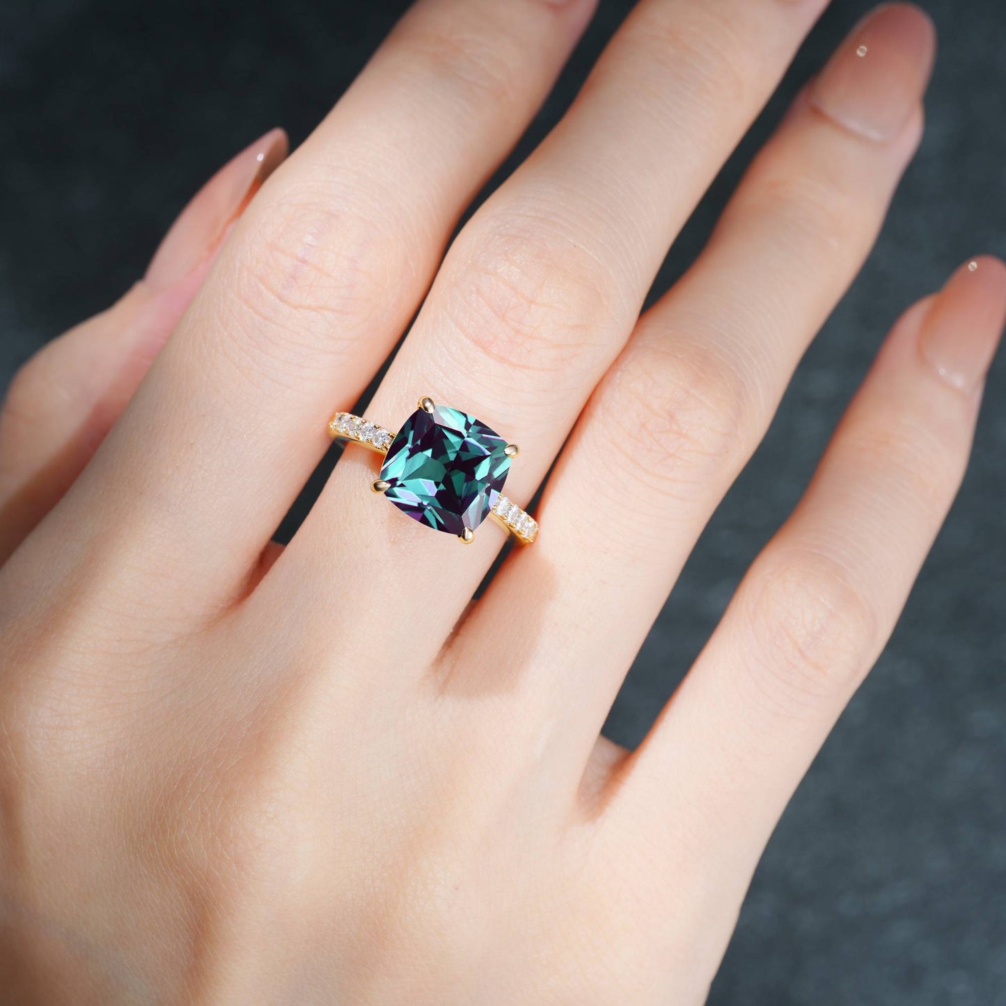 Elongated Cushion Cut Alexandrite Pave Engagement Ring - Additional view
