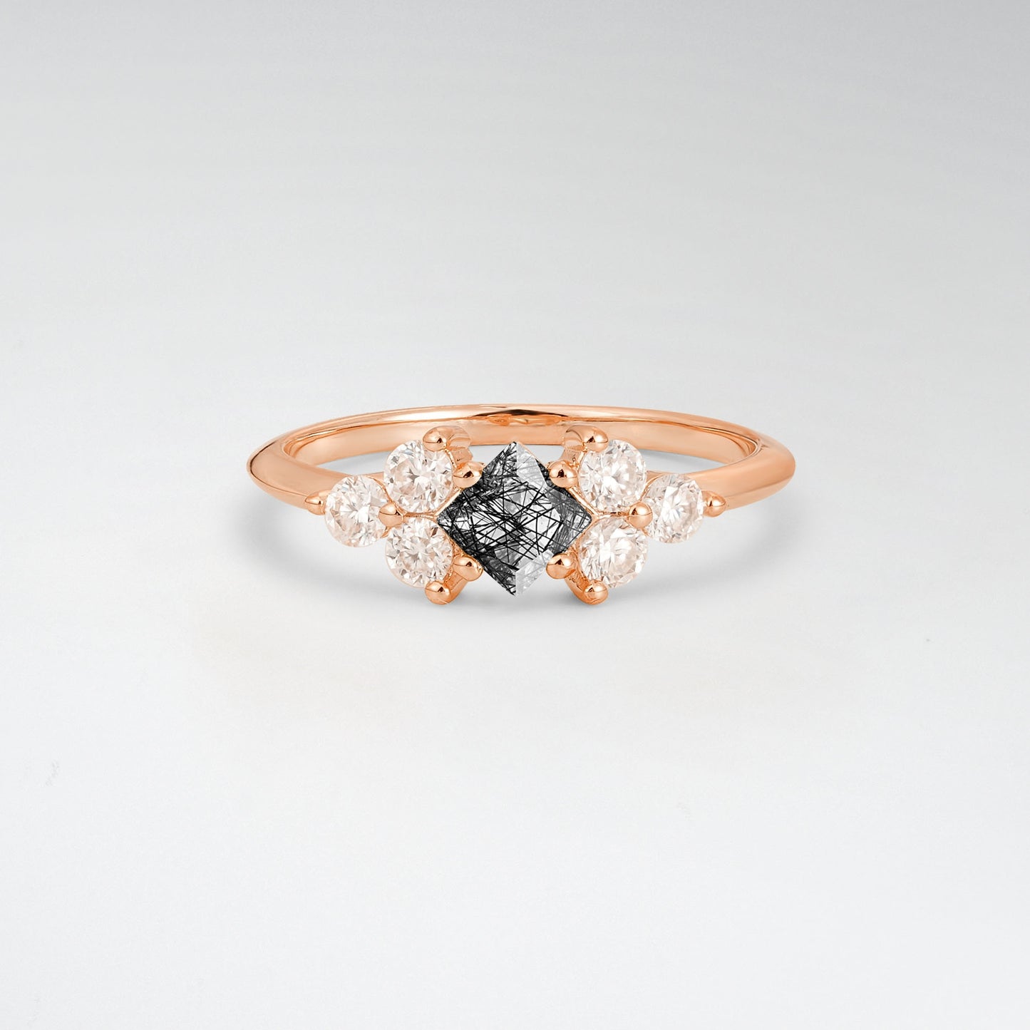 Unique Princess Cut Black Rutilated Quartz Cluster Accented Engagement Ring - Additional view
