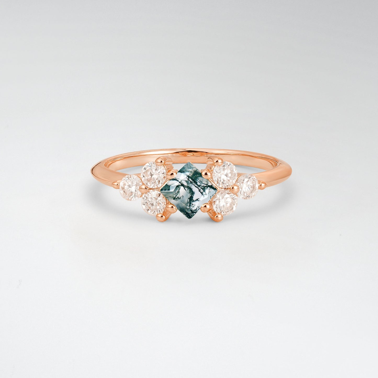 Unique Princess Cut Moss Agate Cluster Accented Engagement Ring - Additional view