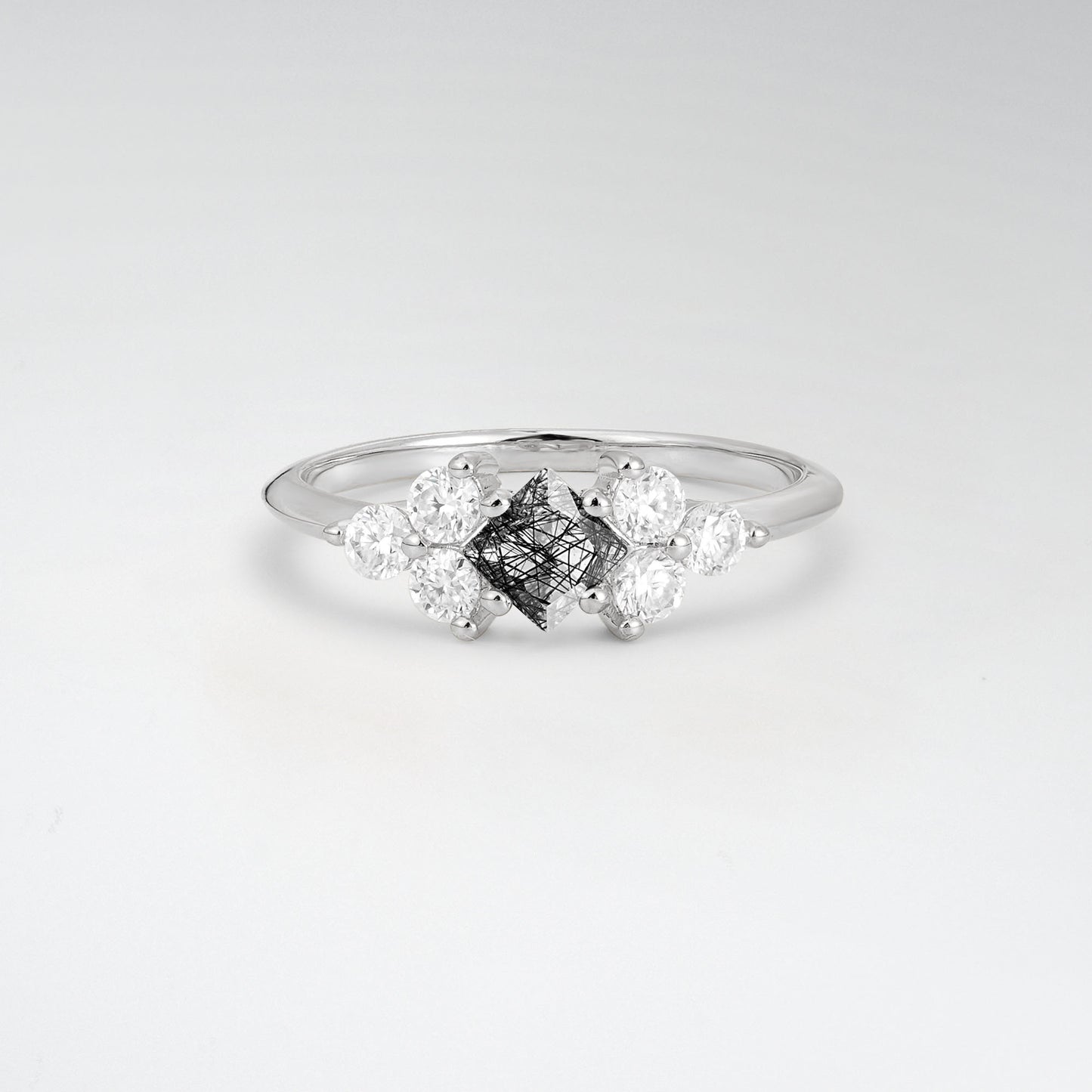 Unique Princess Cut Black Rutilated Quartz Cluster Accented Engagement Ring - Additional view