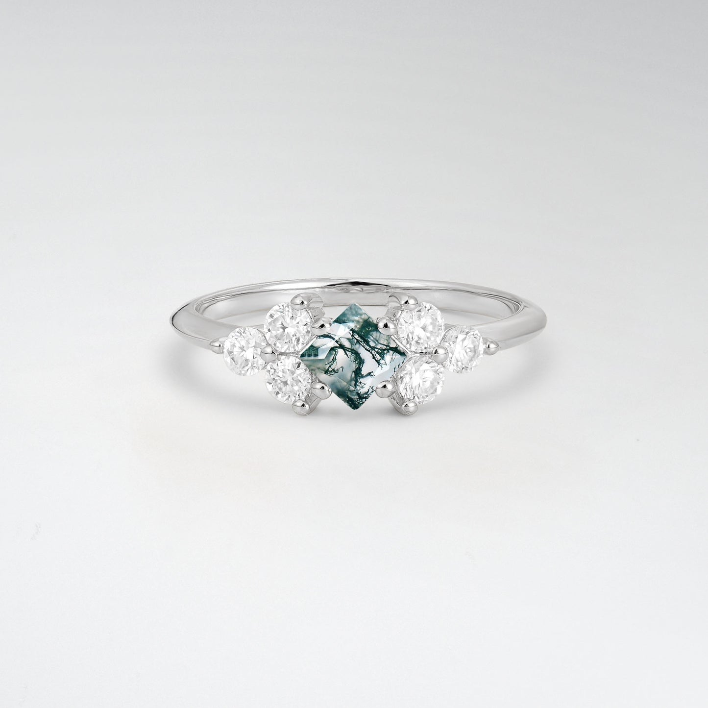 Unique Princess Cut Moss Agate Cluster Accented Engagement Ring - Additional view