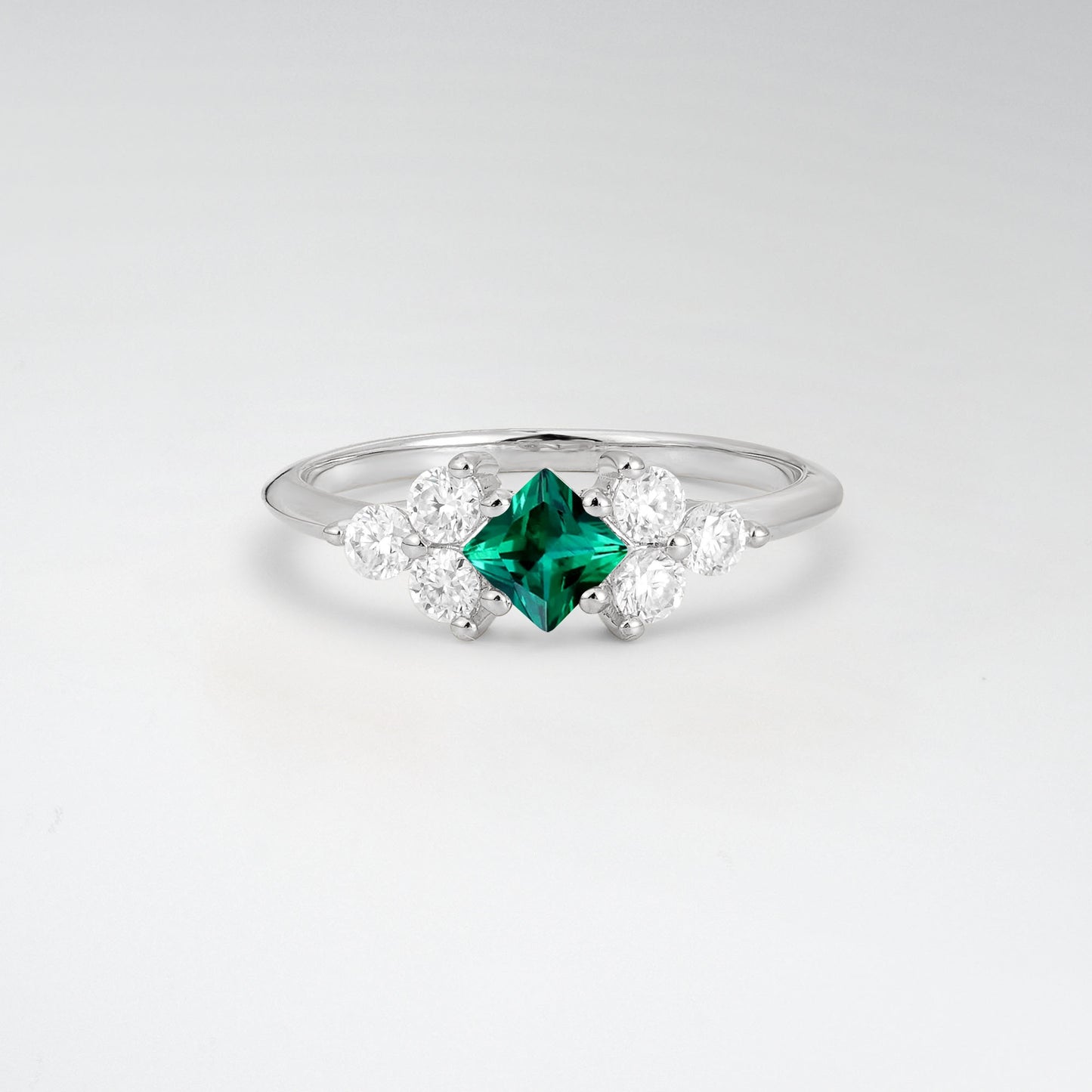 Unique Princess Cut Emerald Cluster Accented Engagement Ring - Additional view
