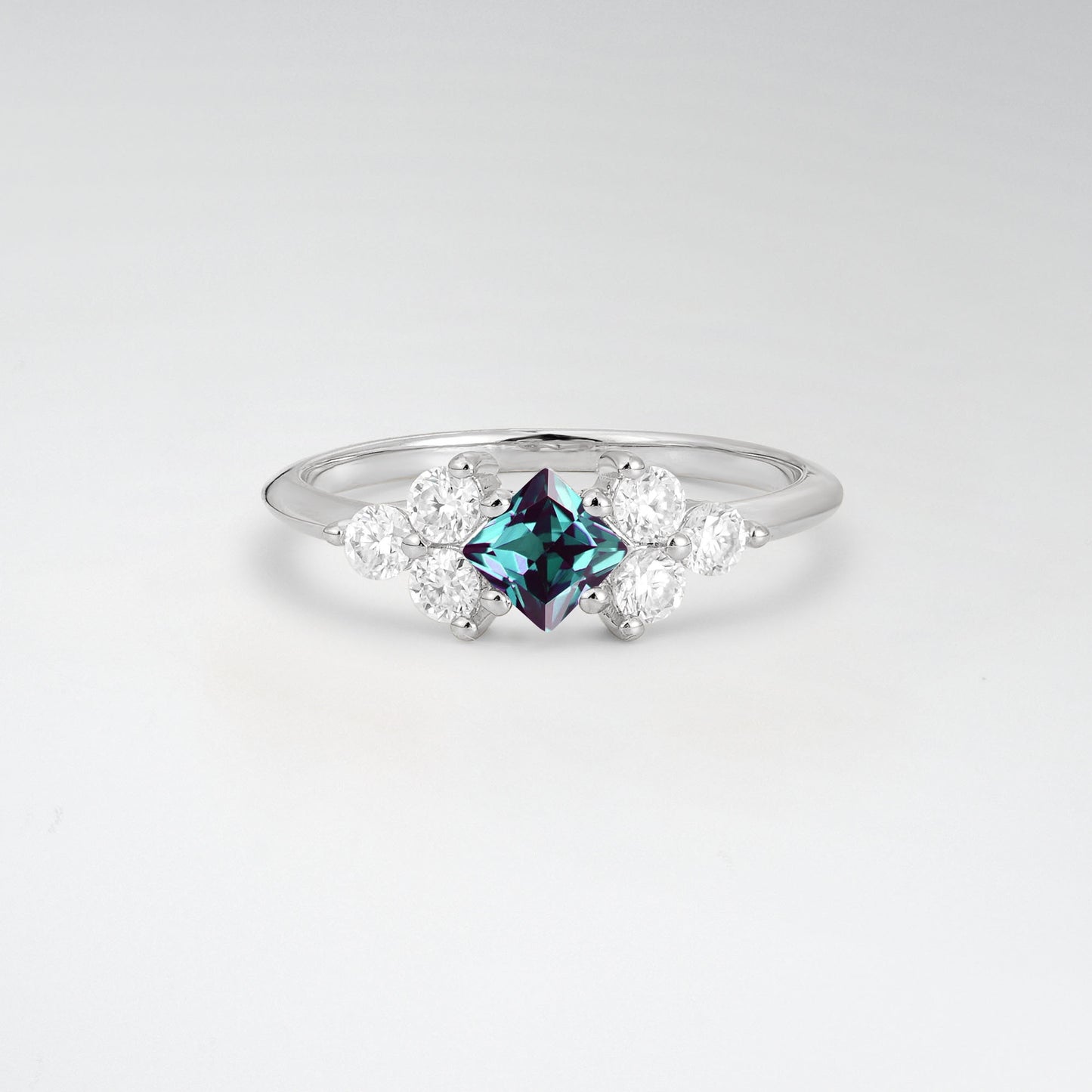 Unique Princess Cut Alexandrite Cluster Accented Engagement Ring - Additional view