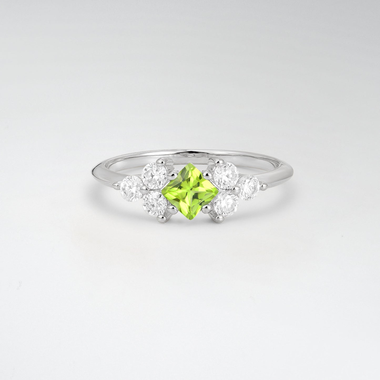 Unique Princess Cut Peridot Cluster Accented Engagement Ring - Additional view