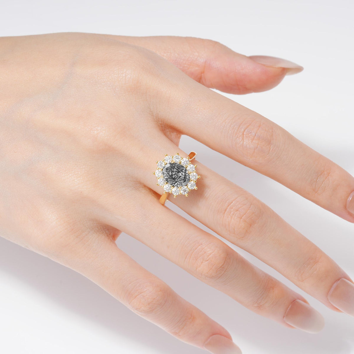 Oval Black Rutilated Quartz Halo Engagement Ring for Women Anniversary - Additional view