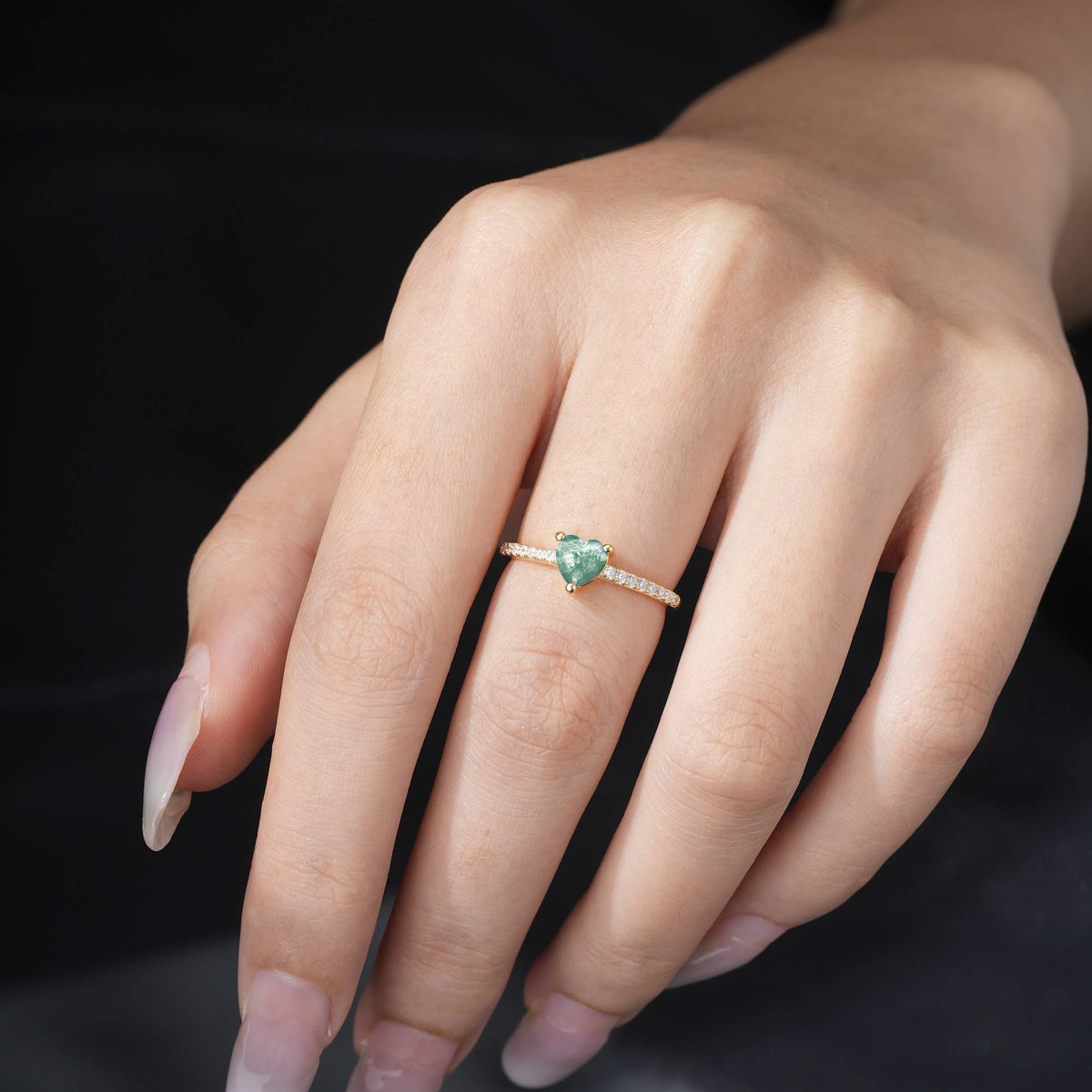 Romantic Heart Cut Moss Agate Pavé Engagement Ring - Additional view