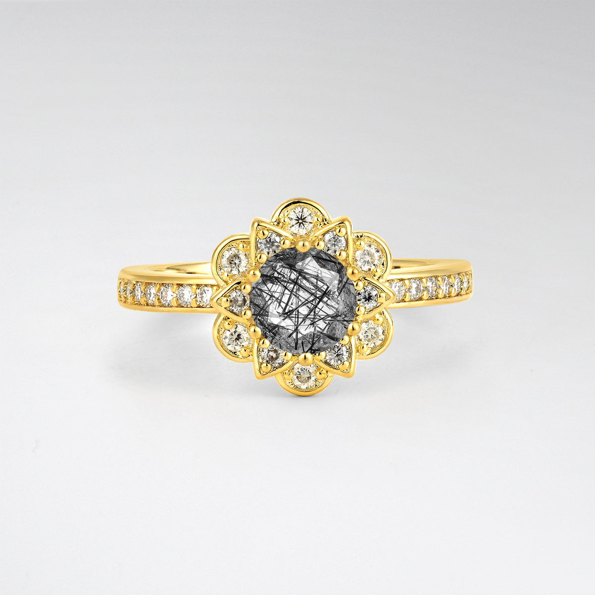 Round Black Rutilated Quartz Lotus Halo Engagement Ring - Additional view