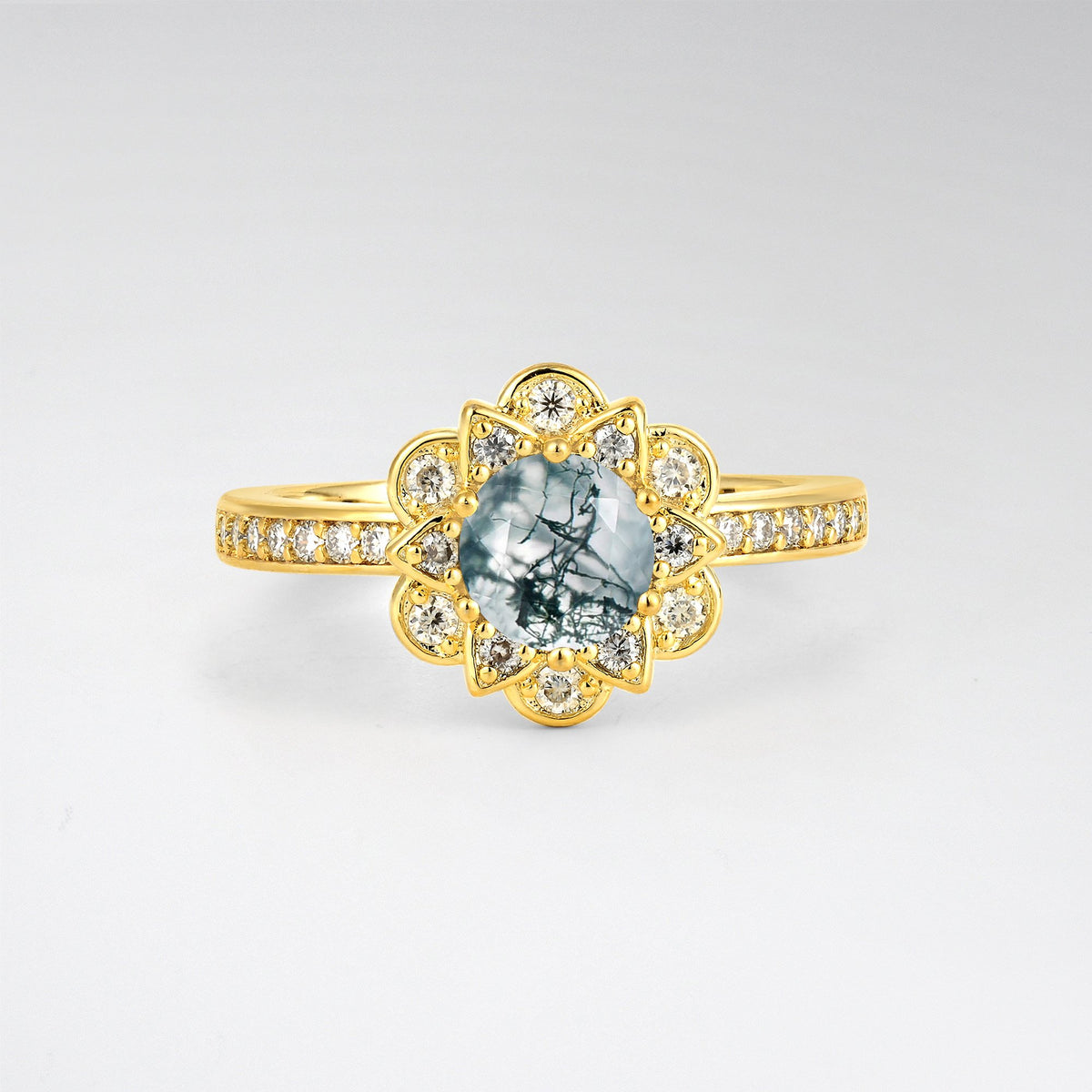 Round Moss Agate Lotus Halo Engagement Ring - Additional view
