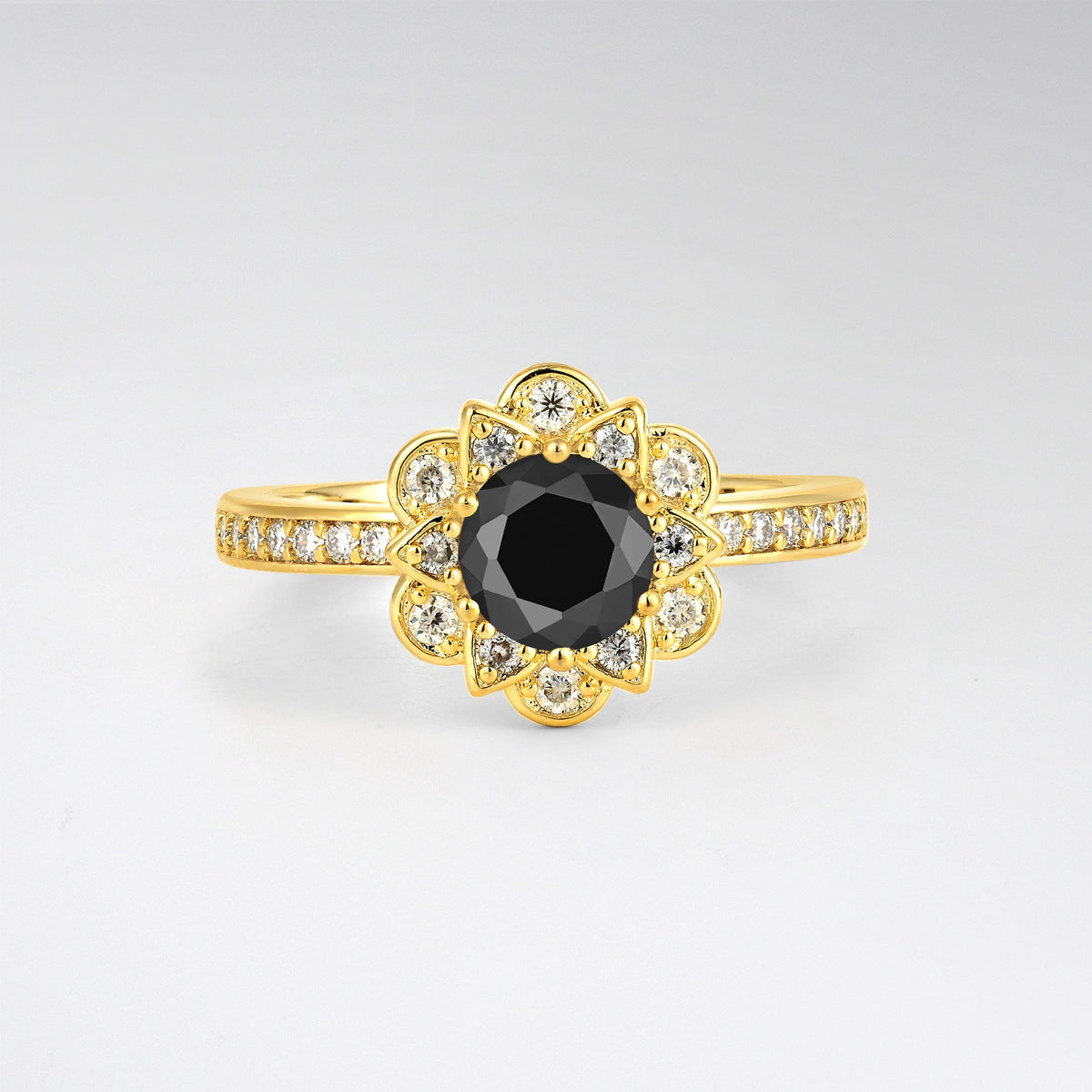 Round Black Onyx Lotus Halo Engagement Ring - Additional view