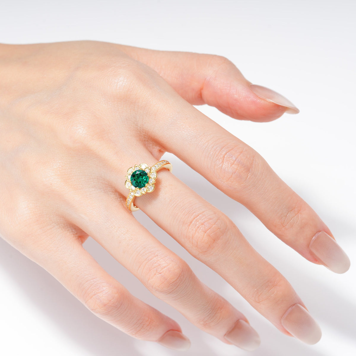 Round Emerald Lotus Halo Engagement Ring - Additional view