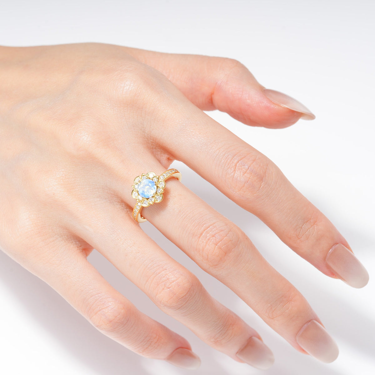 Round Moonstone Lotus Halo Engagement Ring - Additional view