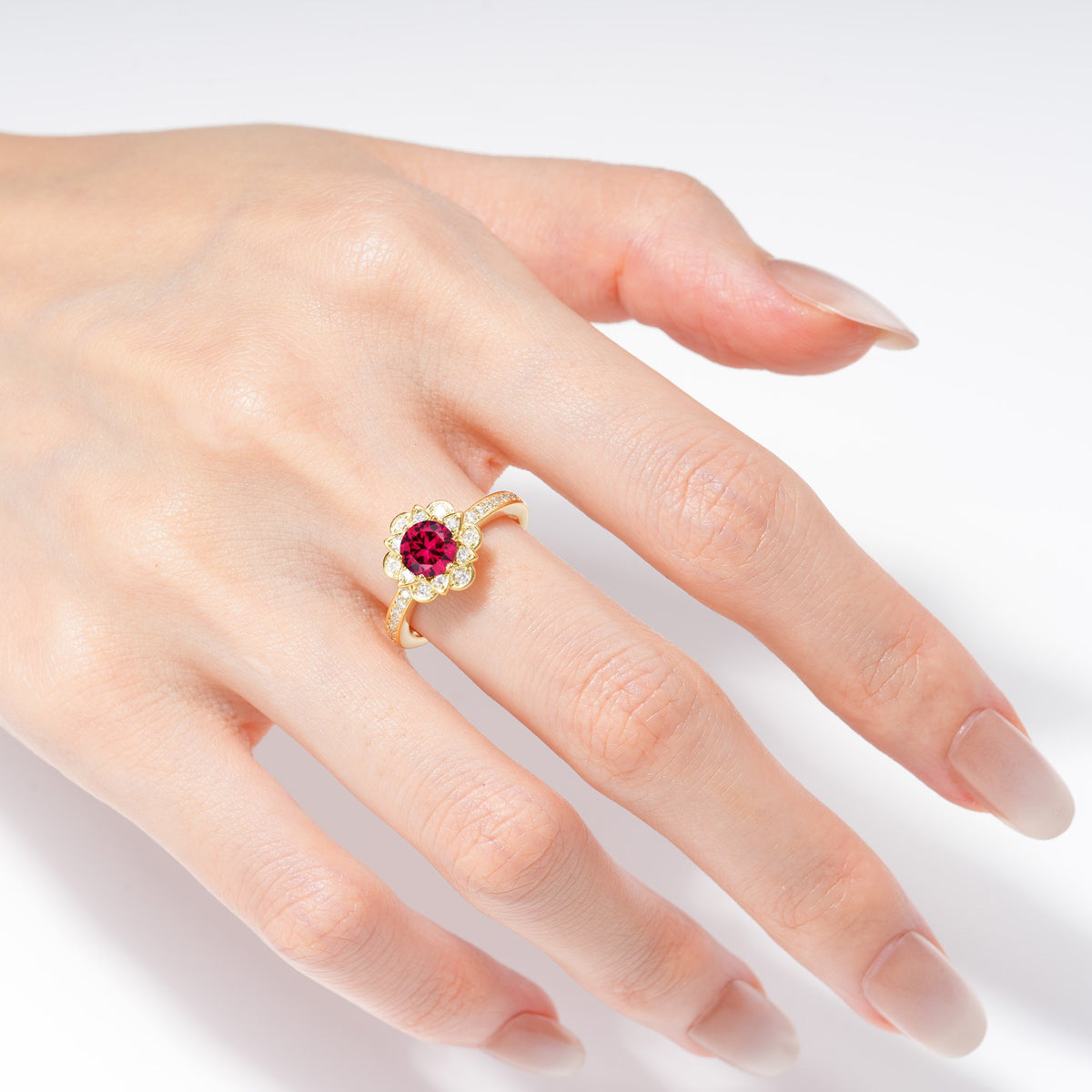 Round Ruby Lotus Halo Engagement Ring - Additional view