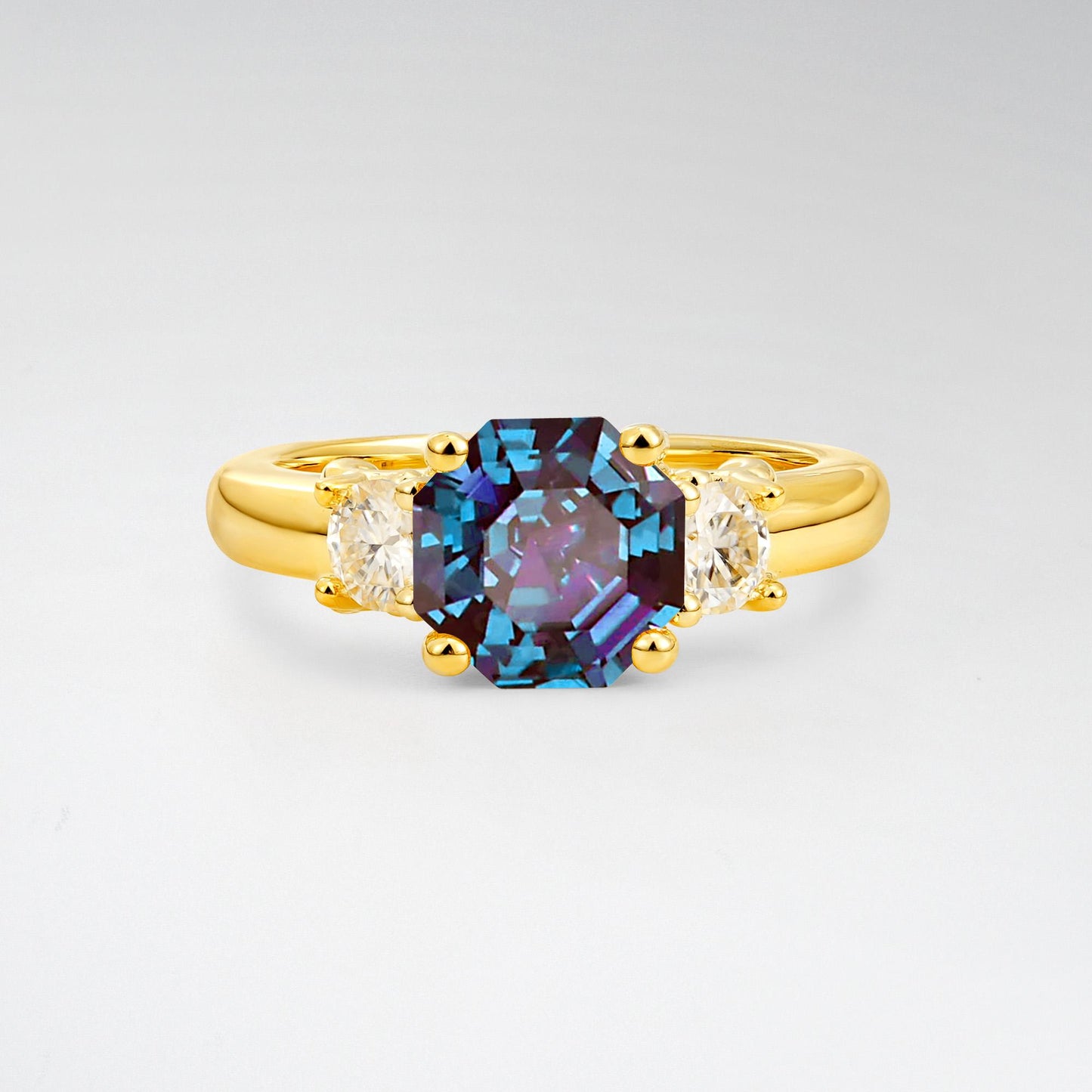 Asscher Cut Alexandrite Three Stone Engagement Ring - Additional view