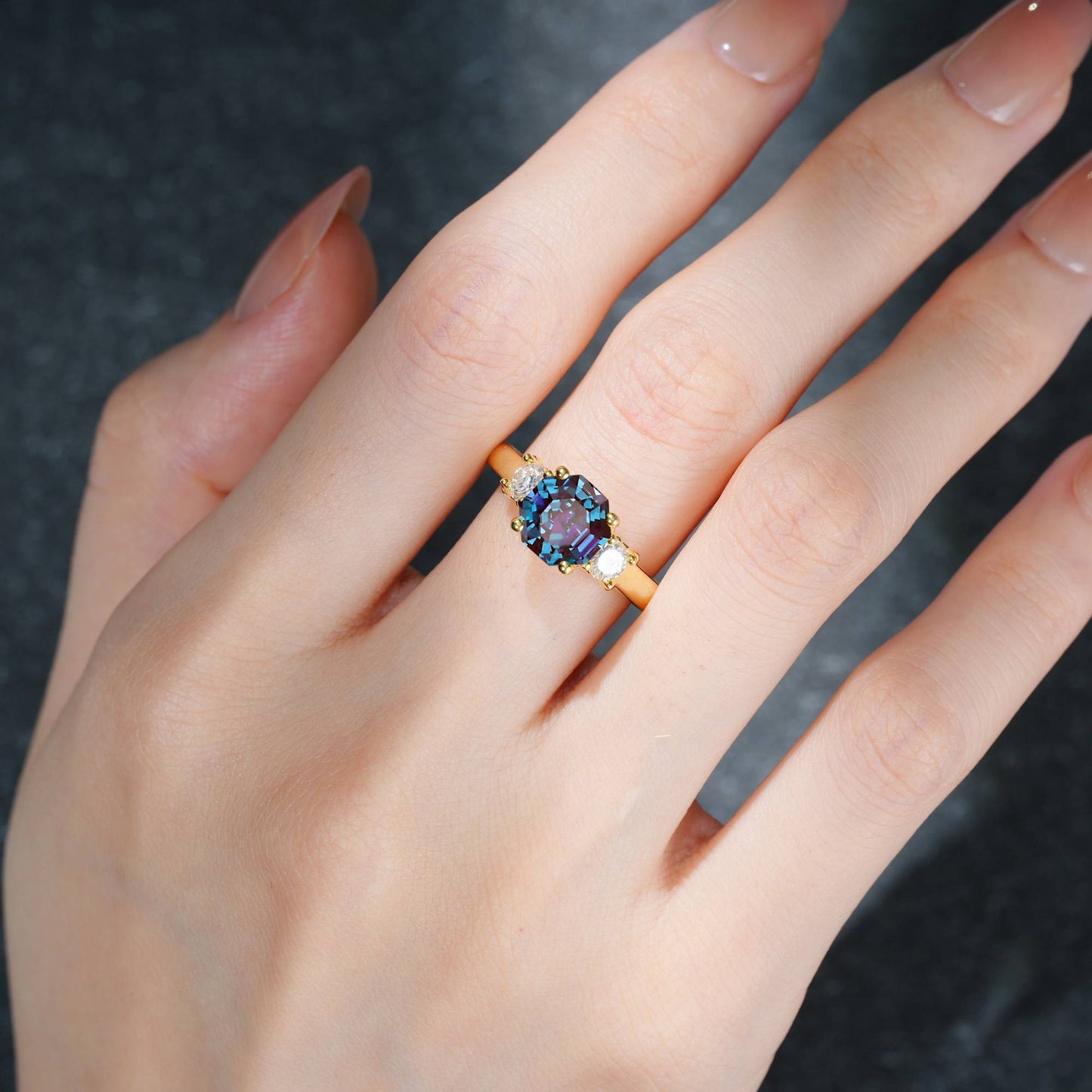 Asscher Cut Alexandrite Three Stone Engagement Ring - Additional view