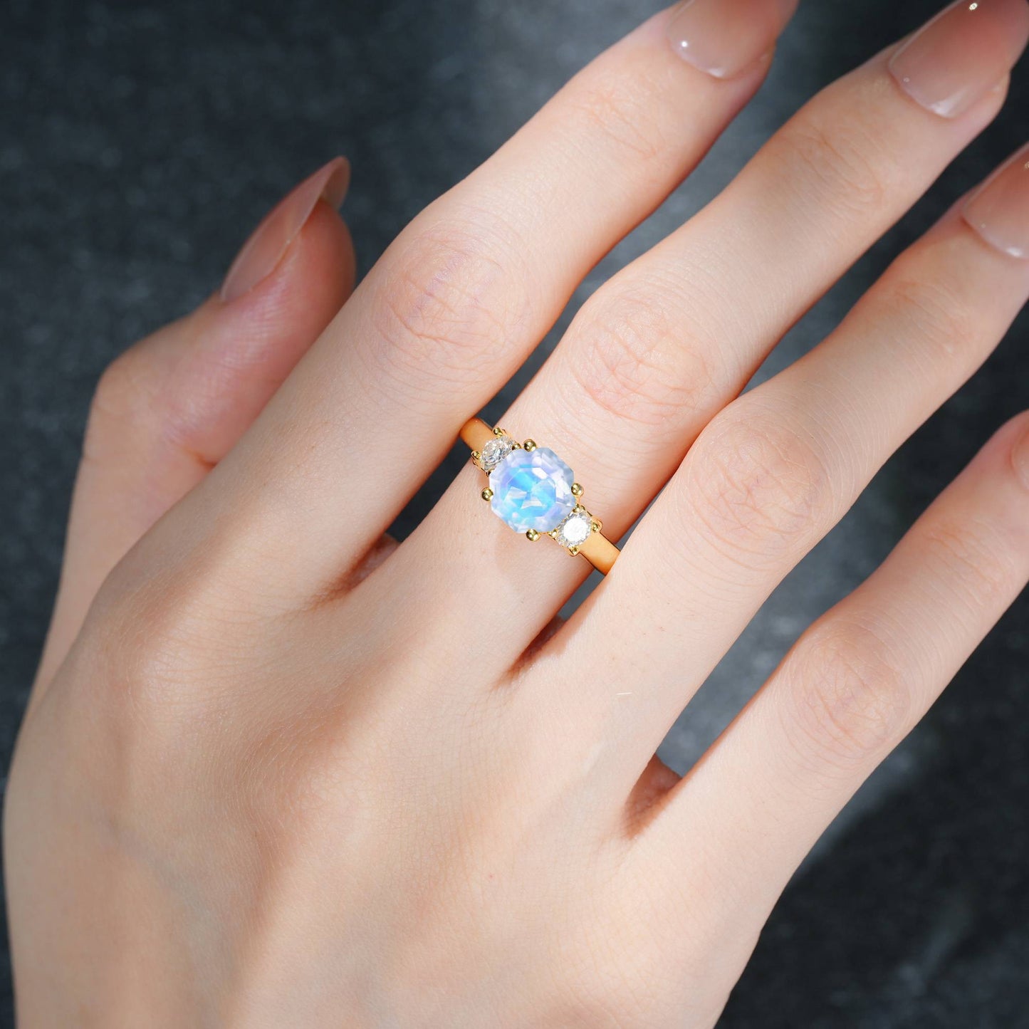 Asscher Cut Moonstone Three Stone Engagement Ring - Additional view