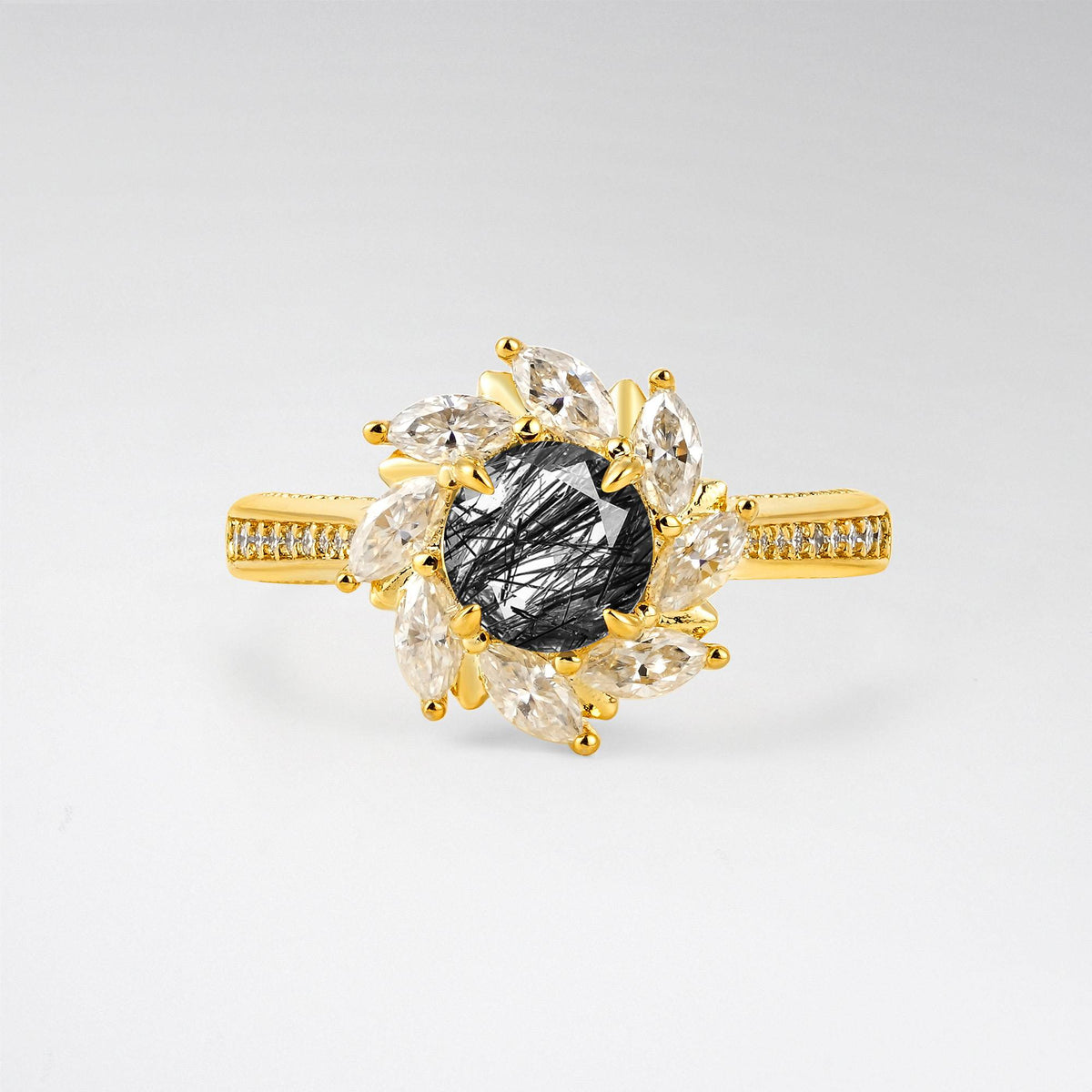 Floral Marquise Halo Black Rutilated Quartz Engagement Ring - Additional view
