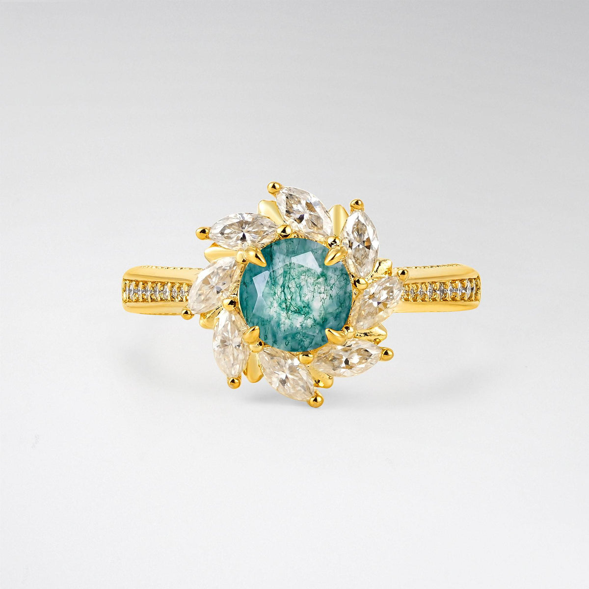 Floral Marquise Halo Moss Agate Engagement Ring - Additional view