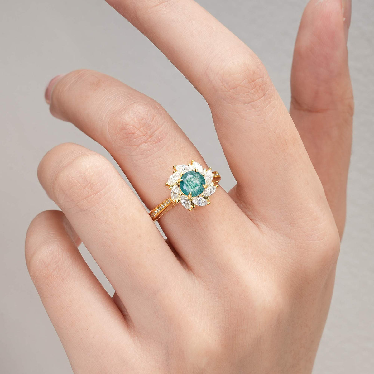 Floral Marquise Halo Moss Agate Engagement Ring - Additional view