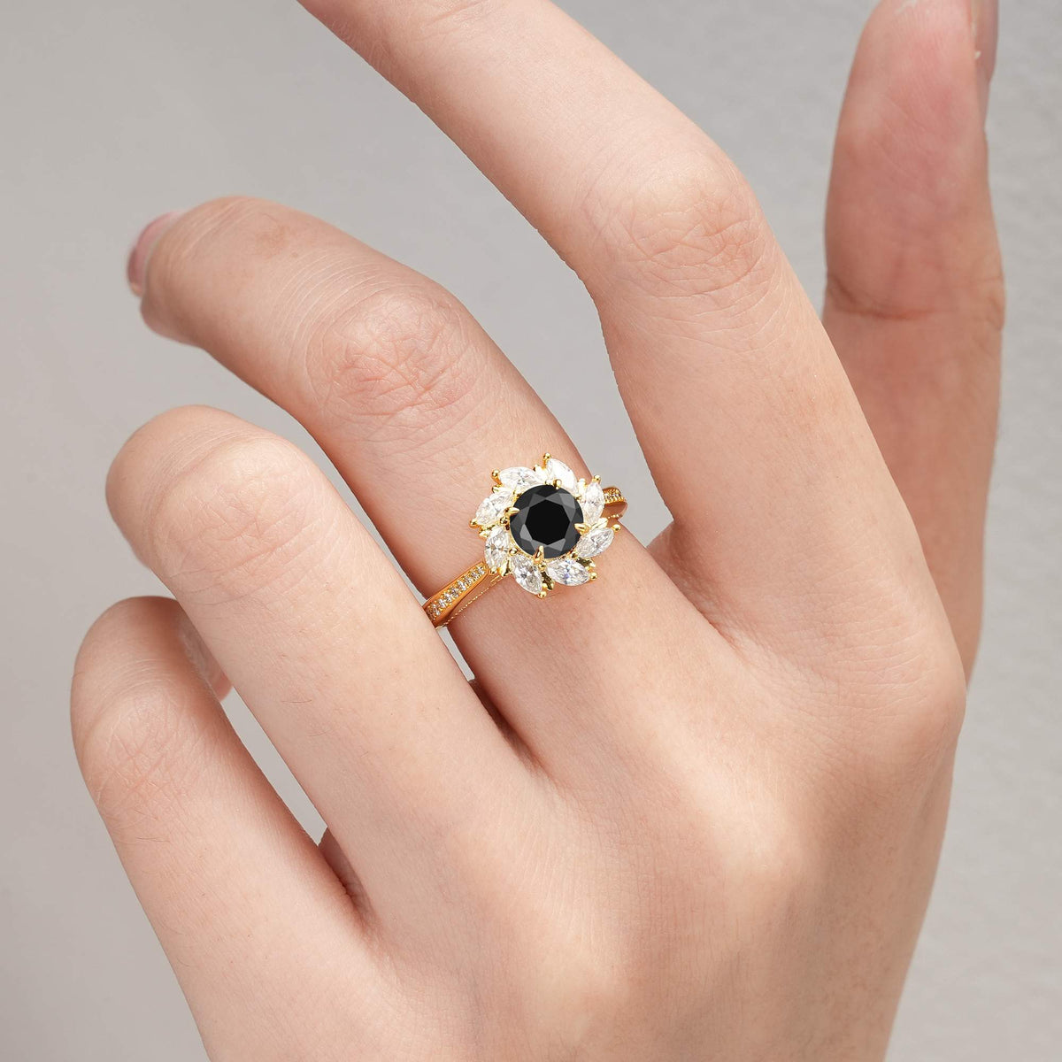 Floral Marquise Halo Black Onyx Engagement Ring - Additional view
