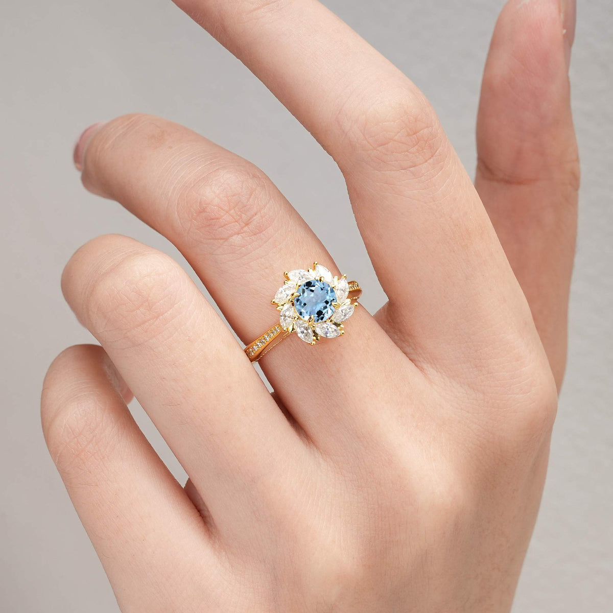Floral Marquise Halo Aquamarine Engagement Ring - Additional view