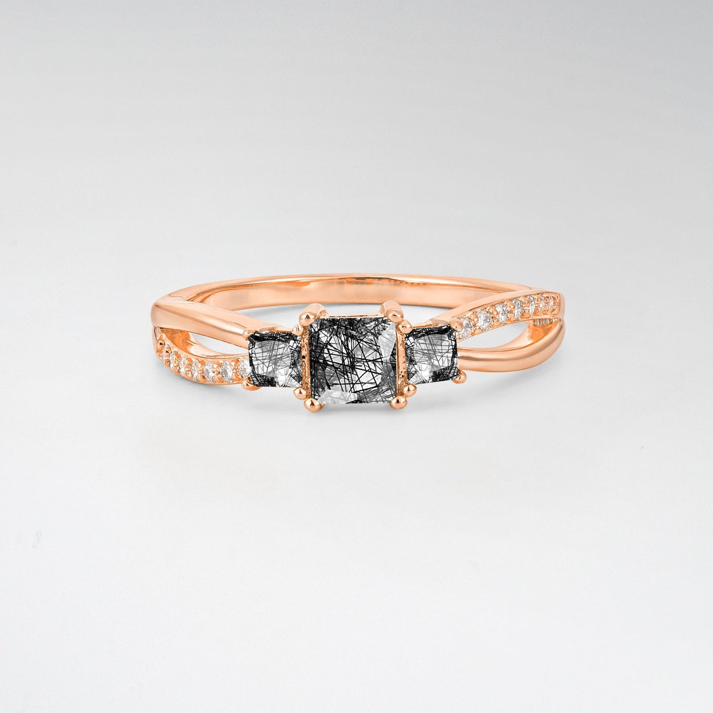 Princess Cut Black Rutilated Quartz Three Stone Engagement Ring - Additional view