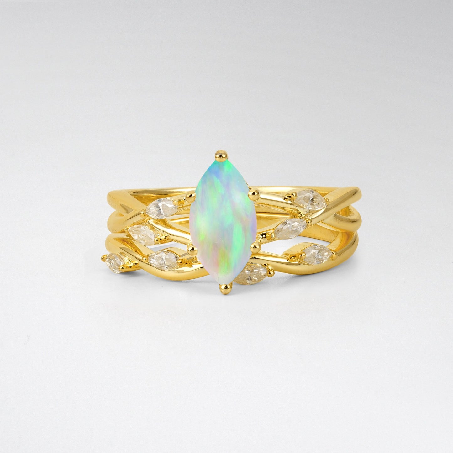 Marquise Cut Opal Leaf Engagement Ring Set - Yellow-Gold