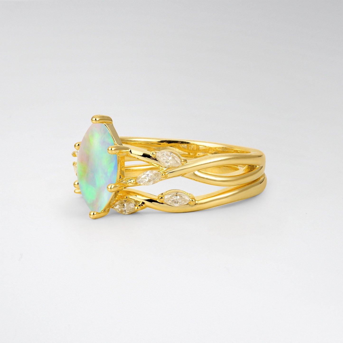 Marquise Cut Opal Leaf Engagement Ring Set - Rose-Gold