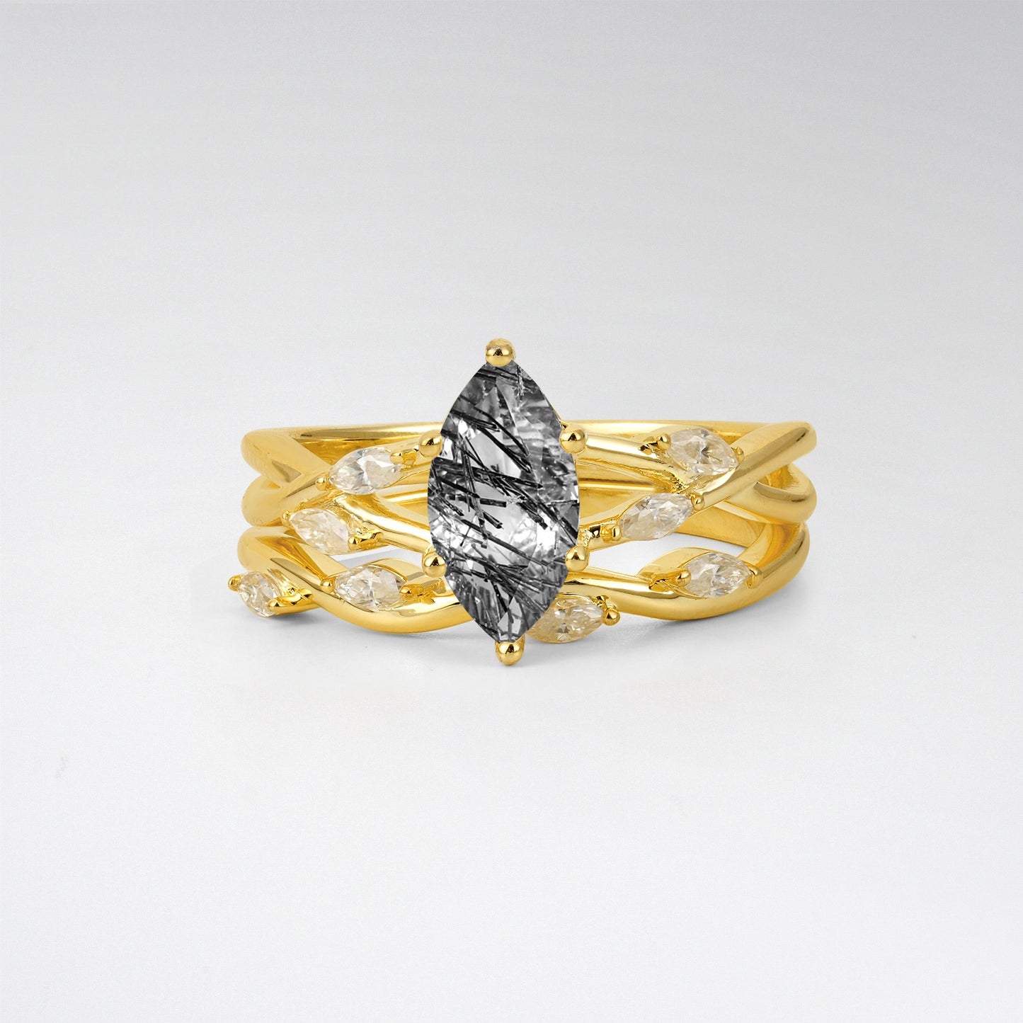 Marquise Cut Black Rutilated Quartz Leaf Engagement Ring Set - Yellow-Gold