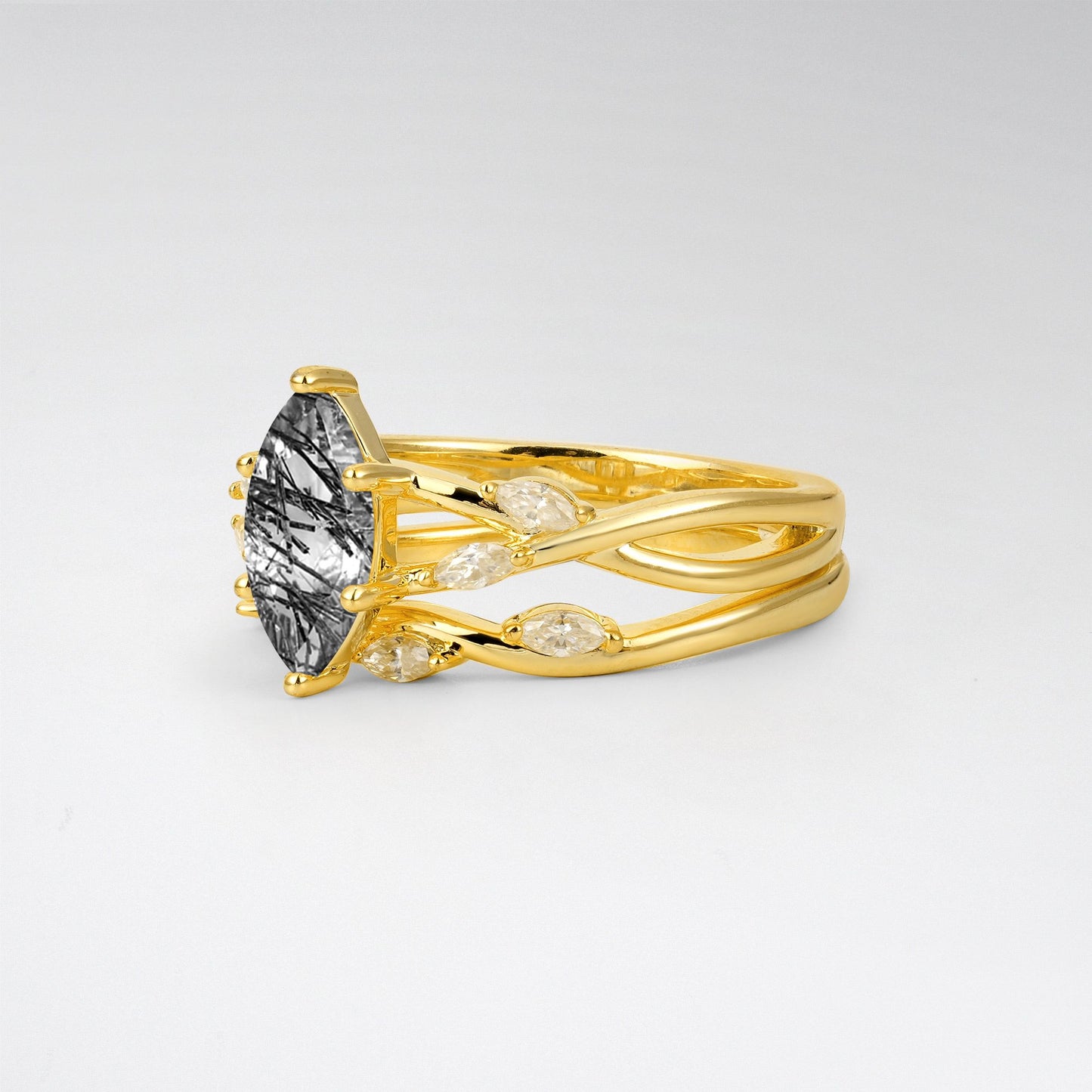 Marquise Cut Black Rutilated Quartz Leaf Engagement Ring Set - Rose-Gold