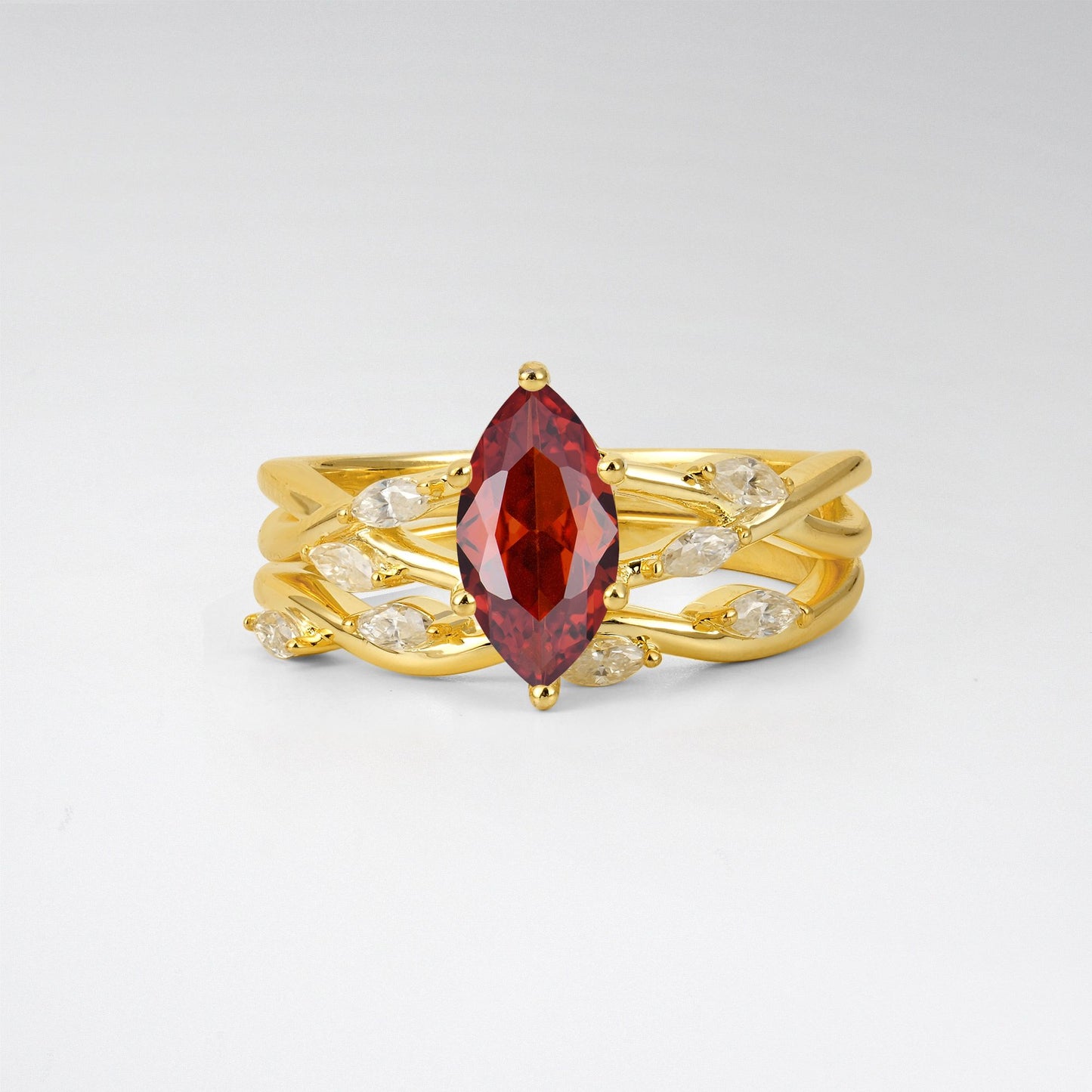 Marquise Cut Garnet Leaf Engagement Ring Set - Yellow-Gold