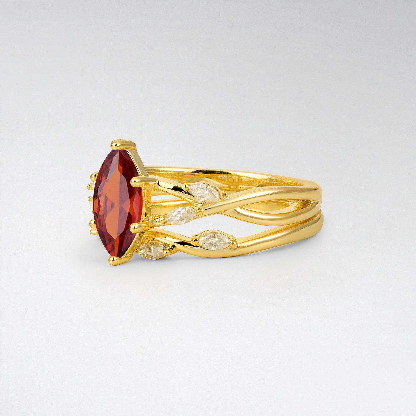 Marquise Cut Garnet Leaf Engagement Ring Set - Rose-Gold