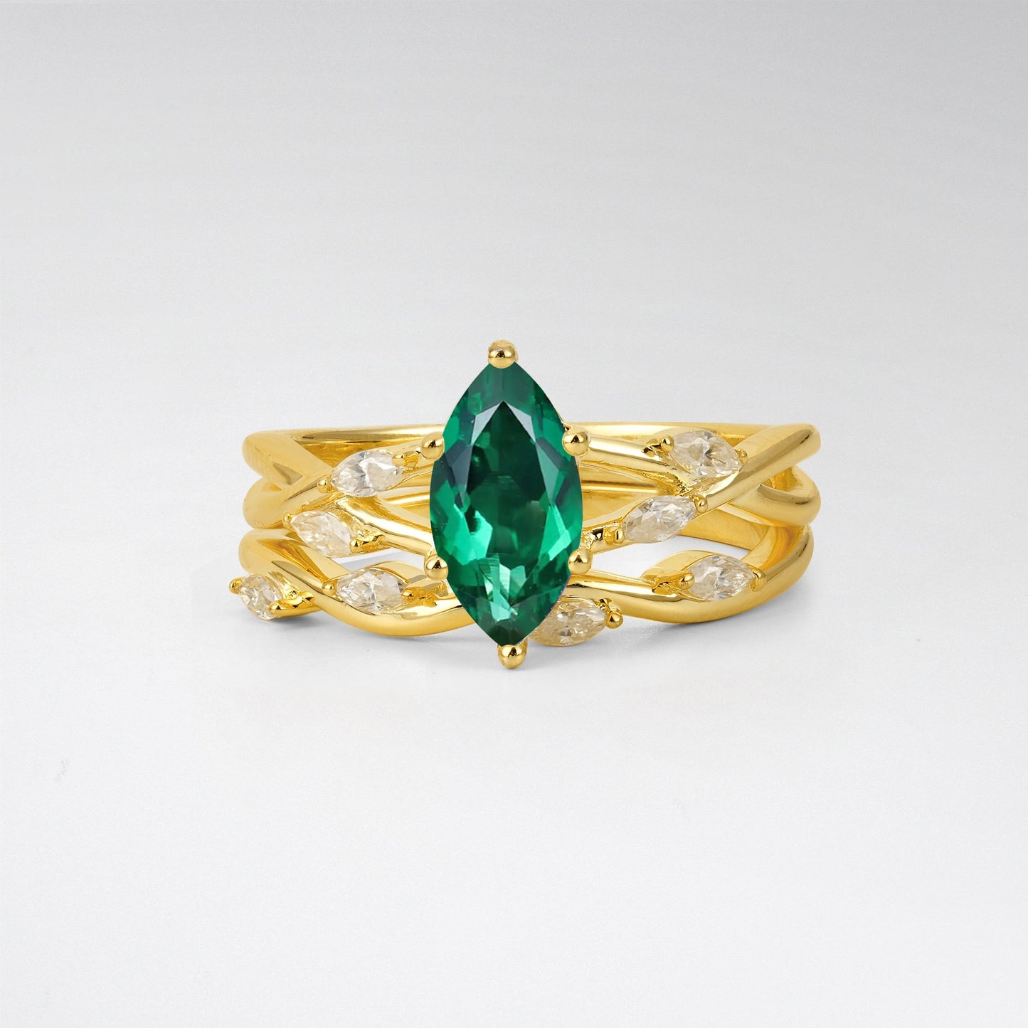 Marquise Cut Emerald Leaf Engagement Ring Set - Yellow-Gold