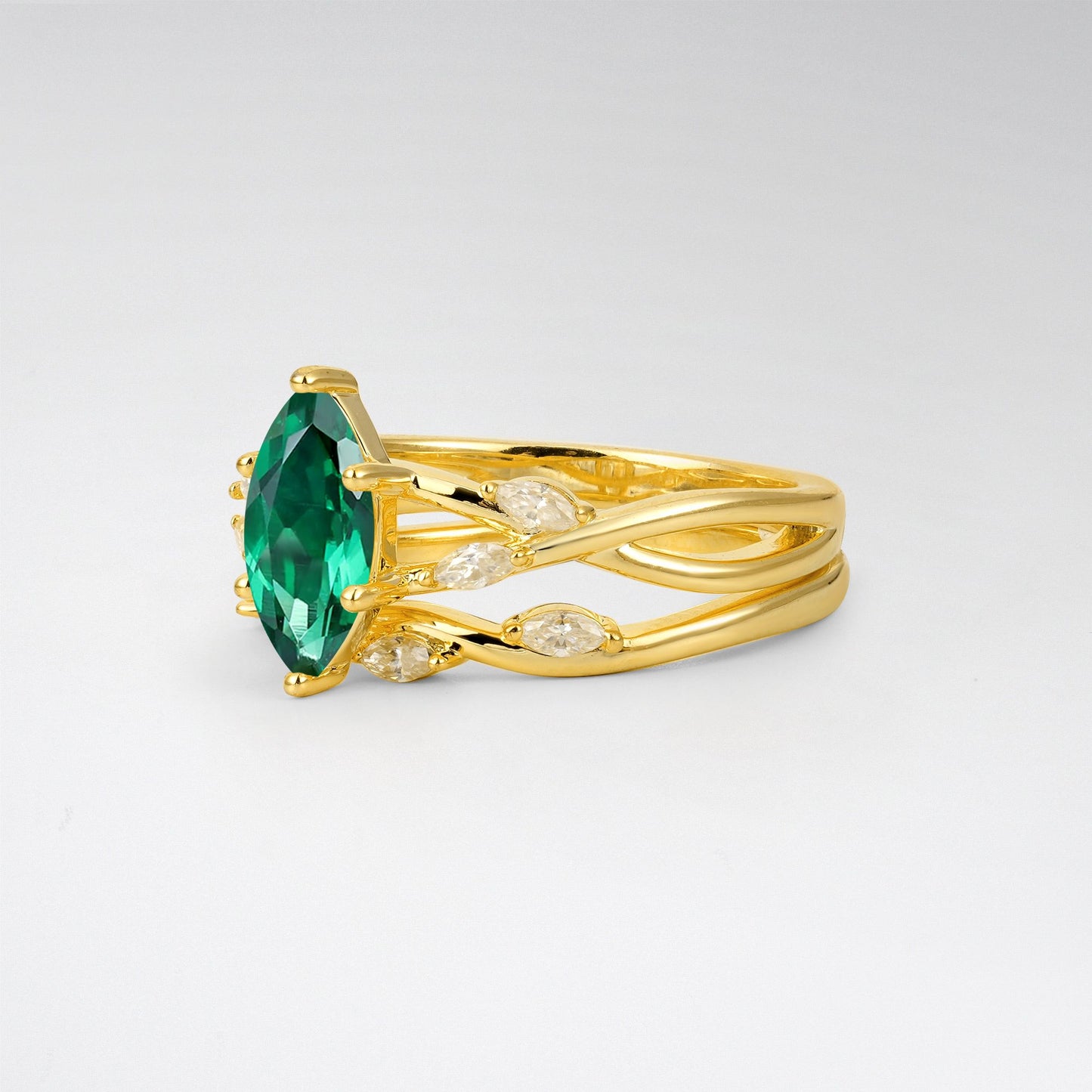 Marquise Cut Emerald Leaf Engagement Ring Set - Rose-Gold