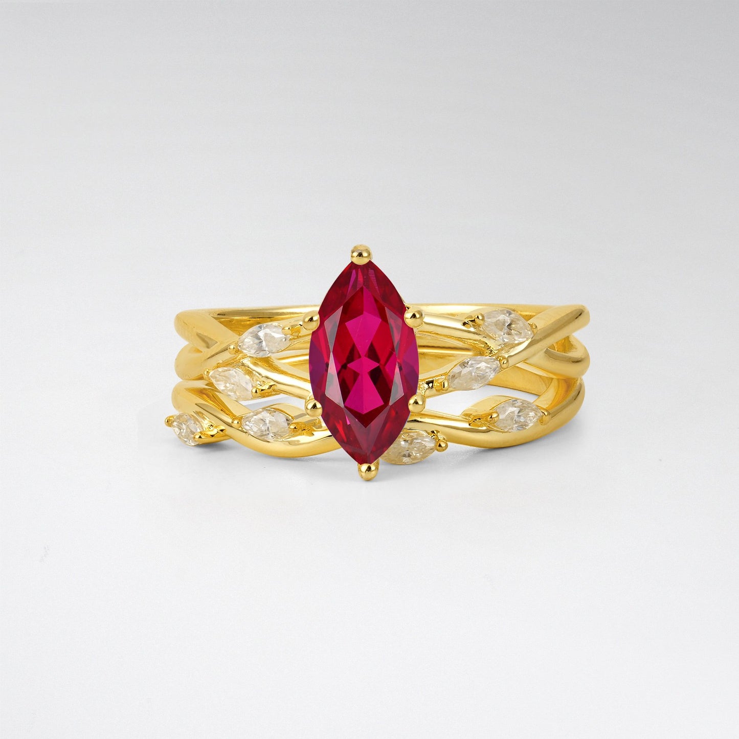 Marquise Cut Ruby Leaf Engagement Ring Set - Yellow-Gold