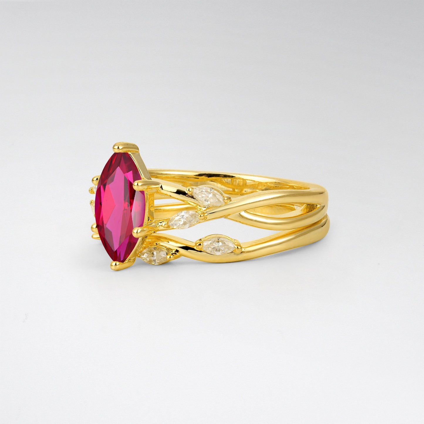 Marquise Cut Ruby Leaf Engagement Ring Set - Rose-Gold