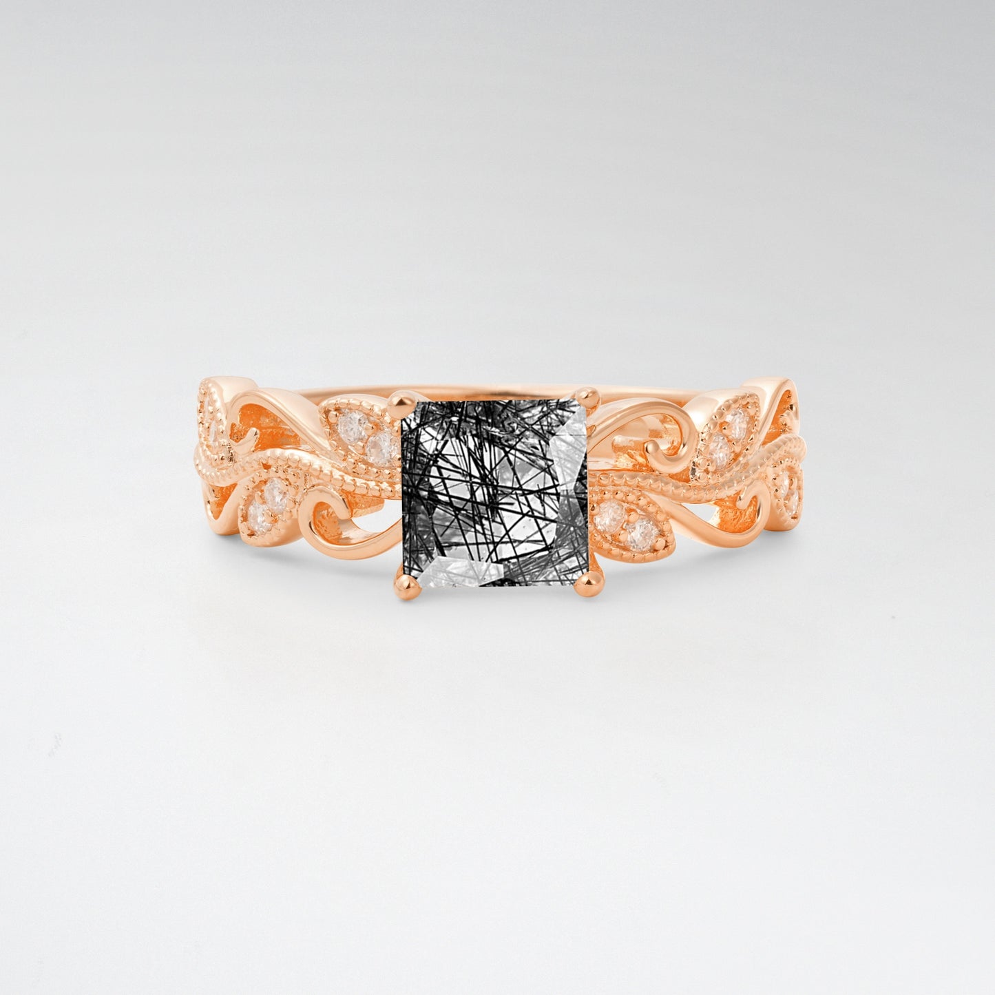 1CT Vintage Princess Cut Black Rutilated Quartz Milgrain Filigree Vine Scroll Engagement Ring - Additional view