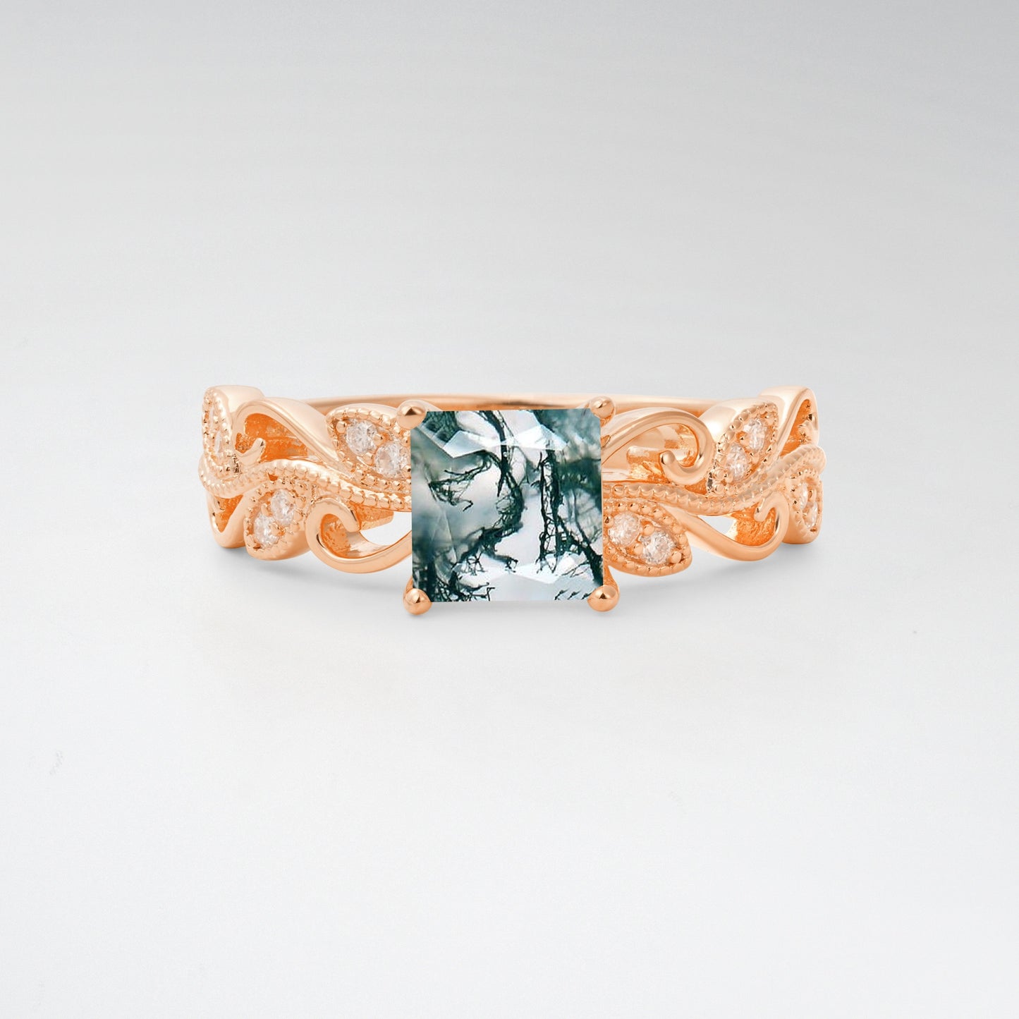 1CT Vintage Princess Cut Moss Agate Milgrain Filigree Vine Scroll Engagement Ring - Additional view