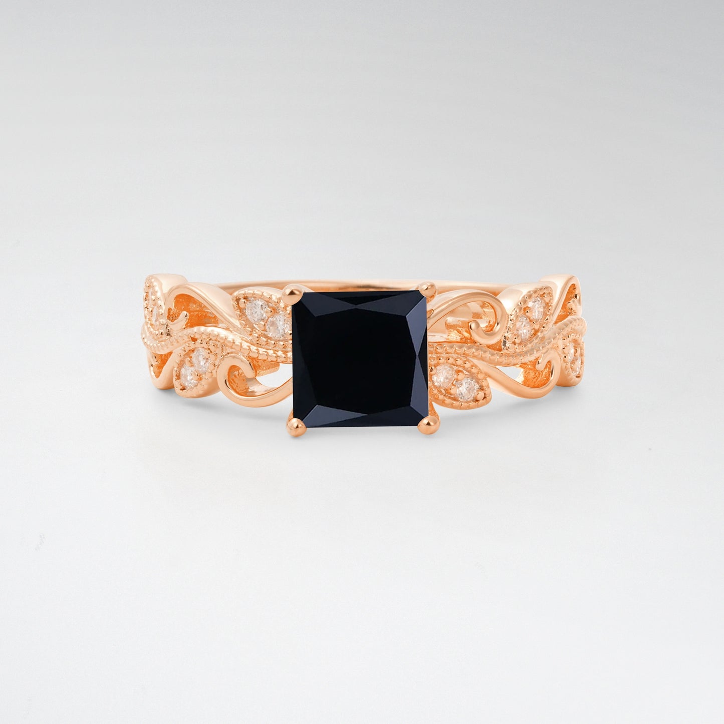 1CT Vintage Princess Cut Black Onyx Milgrain Filigree Vine Scroll Engagement Ring - Additional view