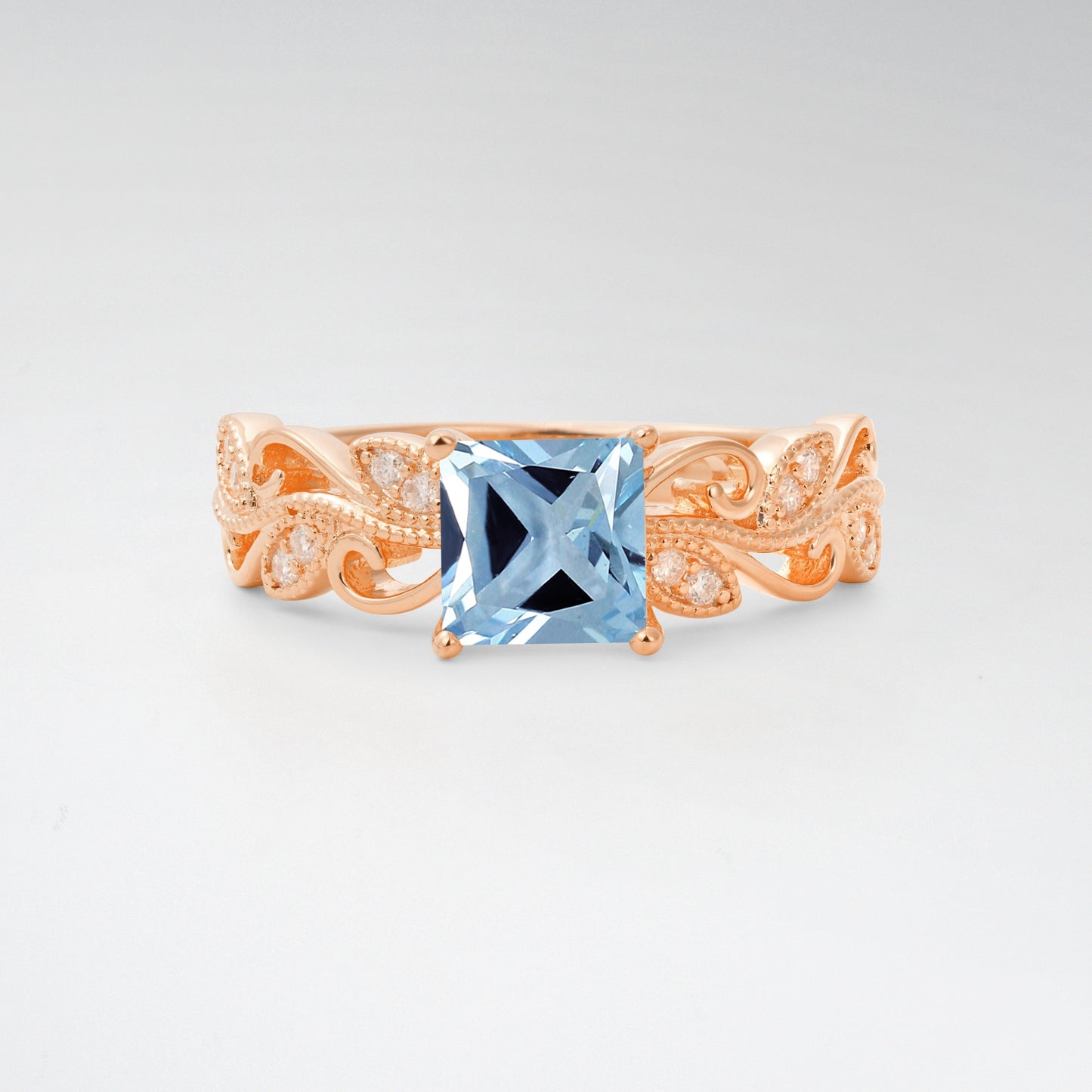 1CT Vintage Princess Cut Aquamarine Milgrain Filigree Vine Scroll Engagement Ring - Additional view