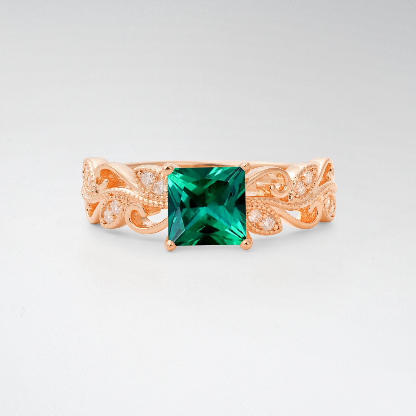 1CT Vintage Princess Cut Emerald Milgrain Filigree Vine Scroll Engagement Ring - Additional view